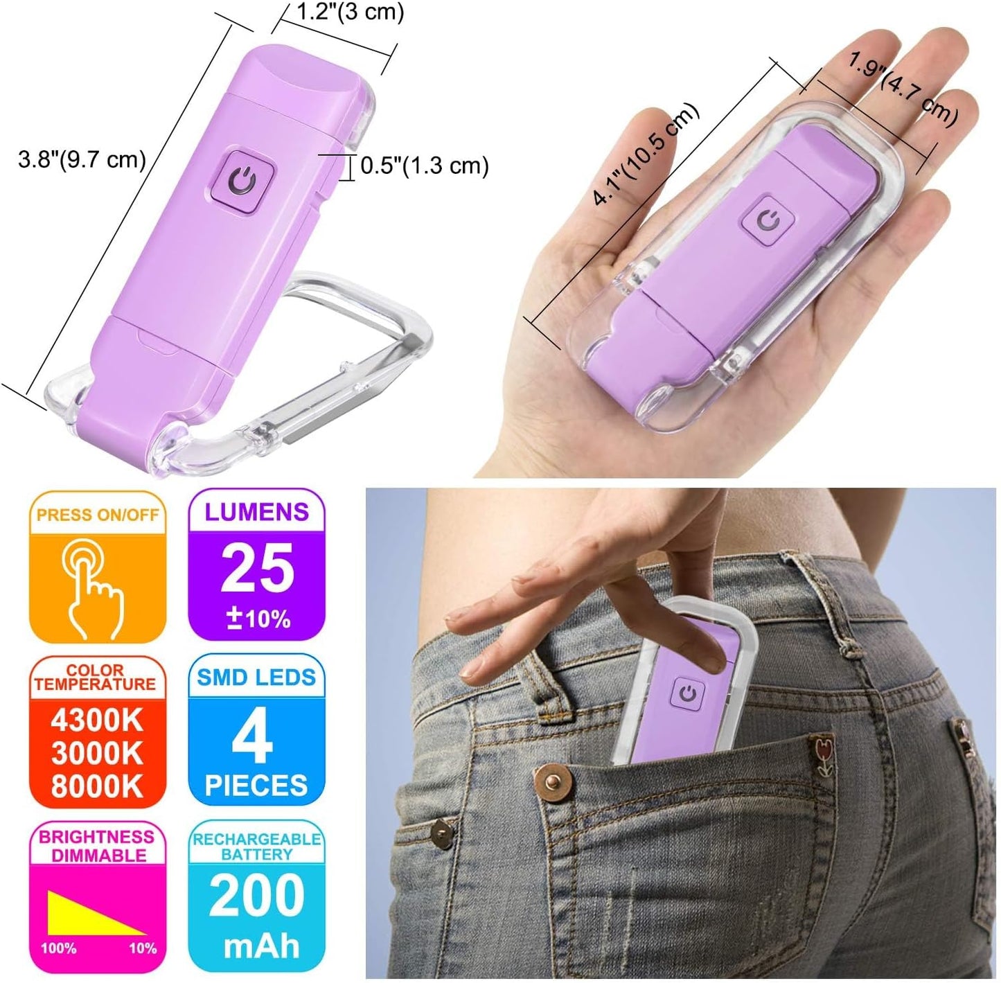 HONWELL Rechargeable Book Light, Clip On LED Reading Lights for Kids Reading in Bed, 3 Brightness Levels Dimmable Bookmark Light for Eye-Protection, Portable Reading Lamp for Bookworms, Travel(Violet)