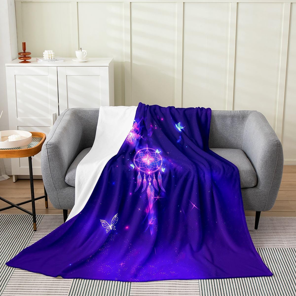 Dreamcatcher Plush Cream Throw Blanket,Boho Dream Catcher Fleece All Season Blanket,Couch Cover Trip Blanket 90x90