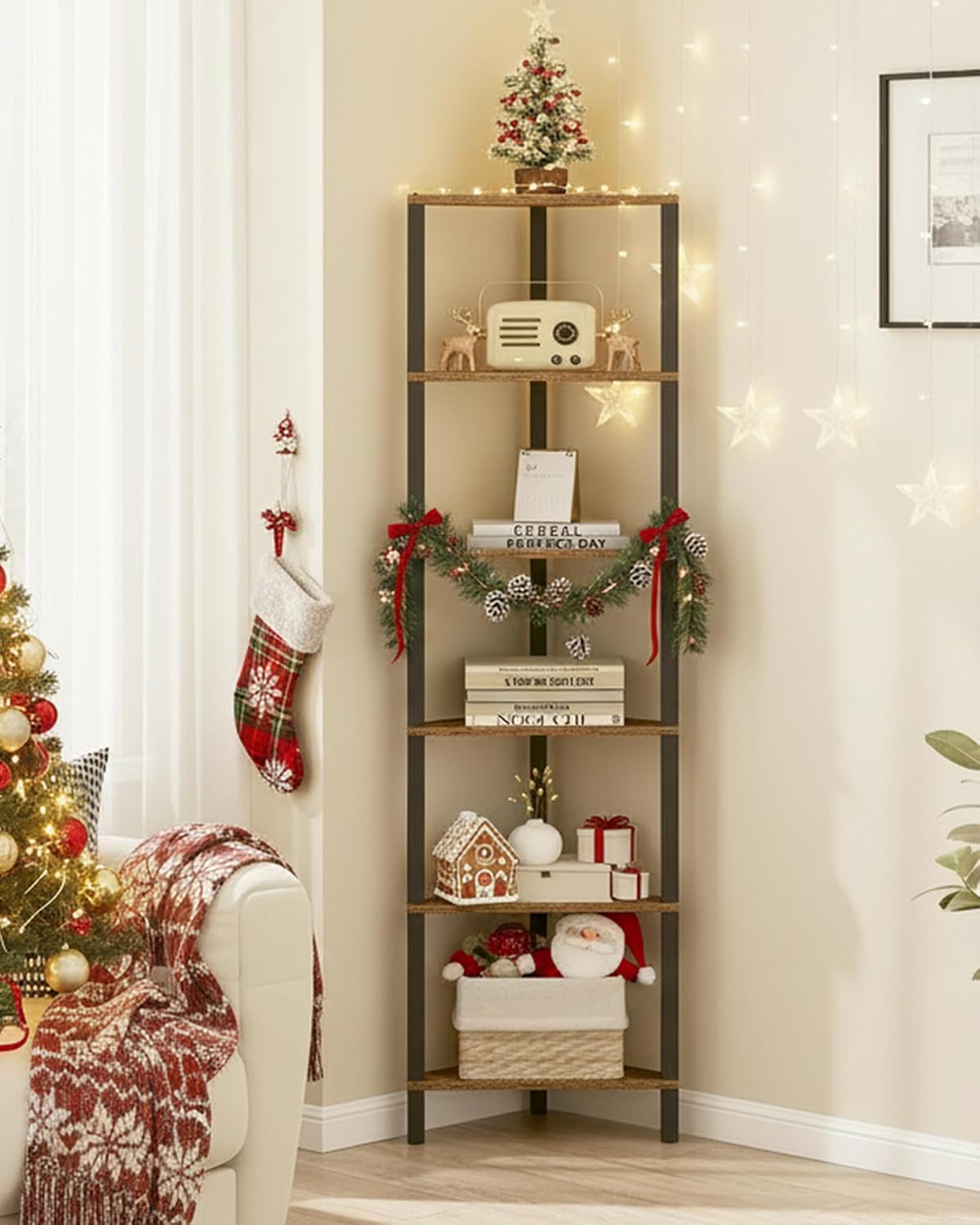 TUTOTAK Corner Shelf, 6-Tier Corner Bookshelf for Small Space, Narrow Display Corner Shelf Stand with Storage Rack, for Living Room, Bedroom, Rustic Brown BS05BB006