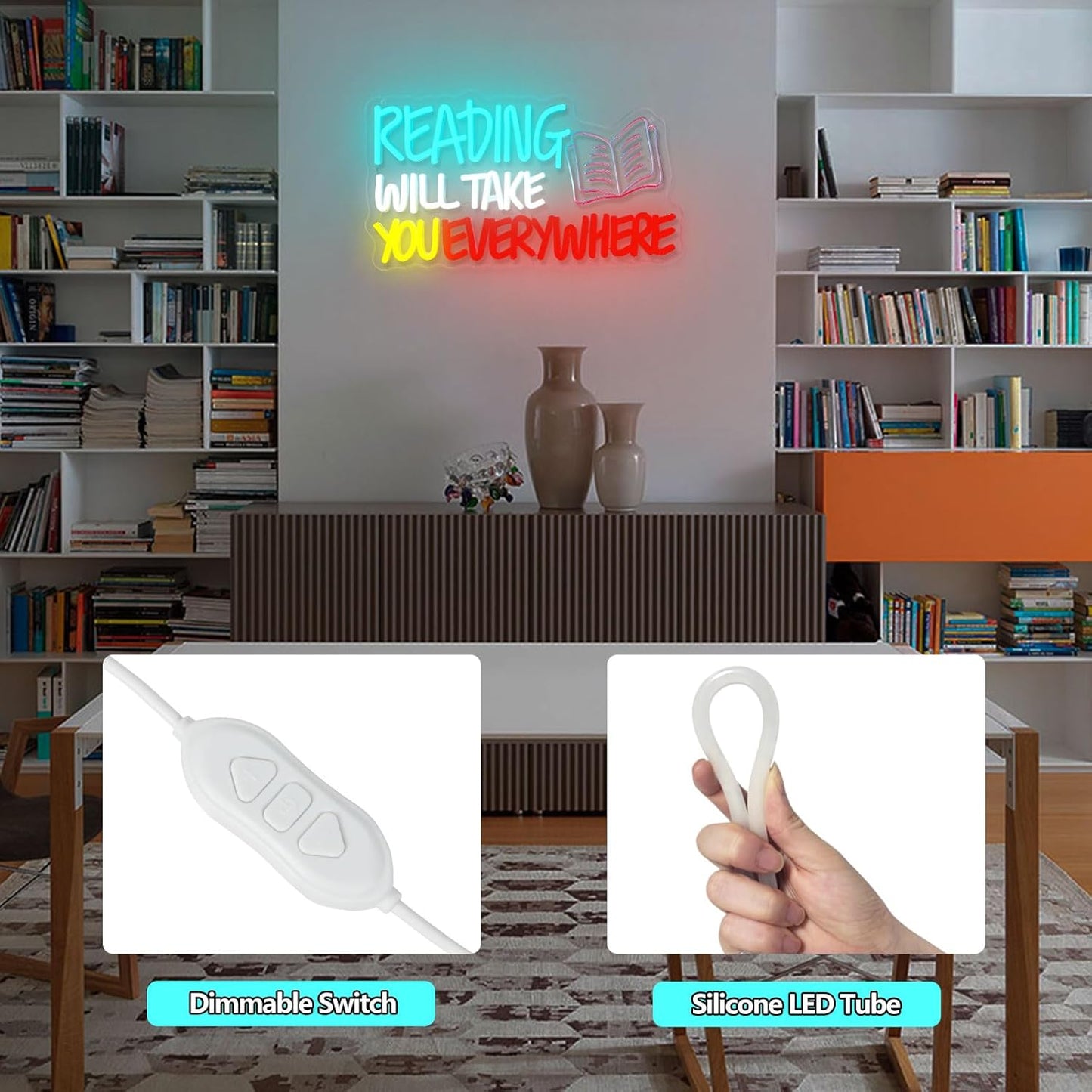 Read Neon Sign Reading Will Take You Everywhere Neon Signs, Read Books Neon Light for Wall Decor, Dimmable Student LED Neon Light Up Sign for Classroom Bedroom Bookstore Library Study Room Decoration Kids Presents