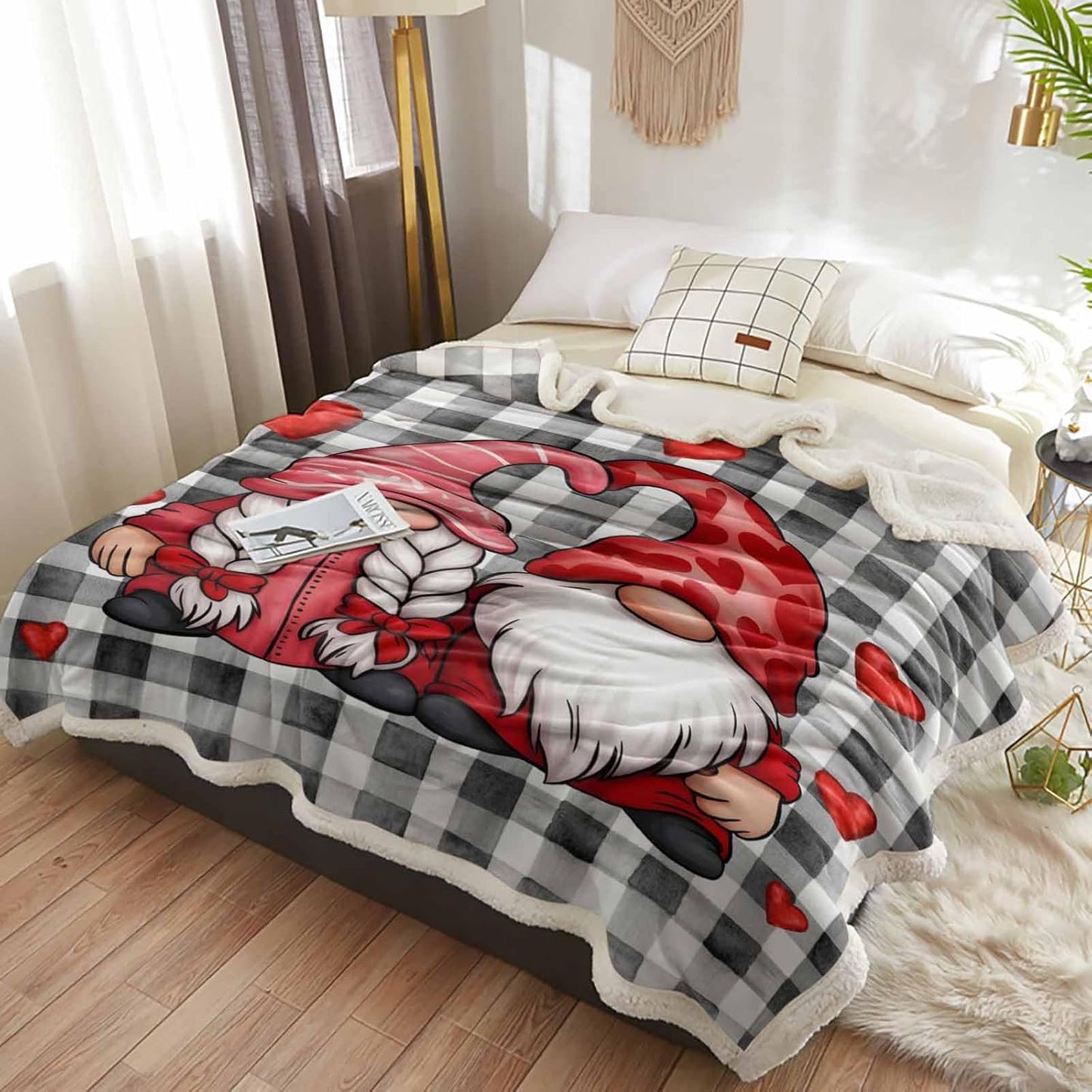 Valentines Throw Blanket Gnome Lover Sherpa Fleece Throws Blanket for Couch Sofa Bed Red Heart Black Check Plaid Blankets Fuzzy Cozy Soft Plush Thick Warm Blankets for Valentines Day Decor, 40x50 Inch