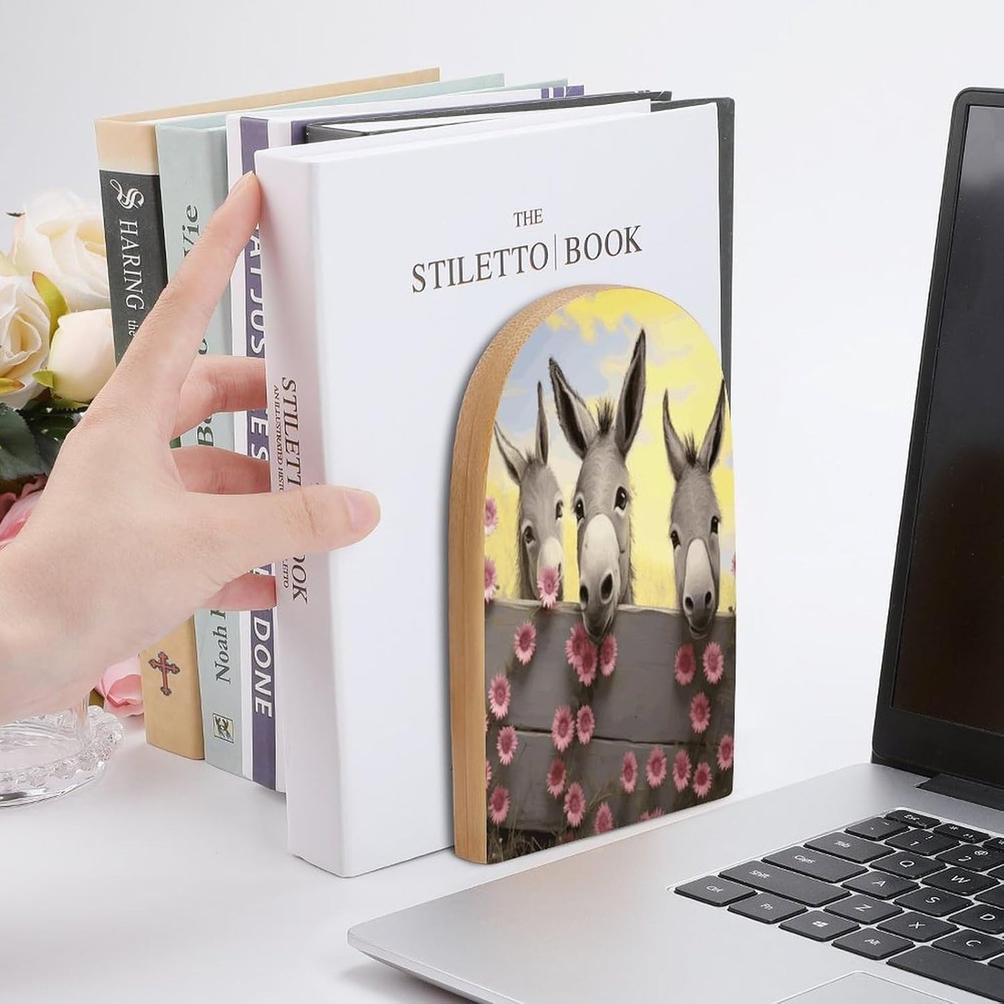 Donkey and Flower Bookend for Shelves Wooden Book End Large Size Sturdy Book Holders Stoppers with Metal Base for Bookshelves Slick Decorative Bookends Stands