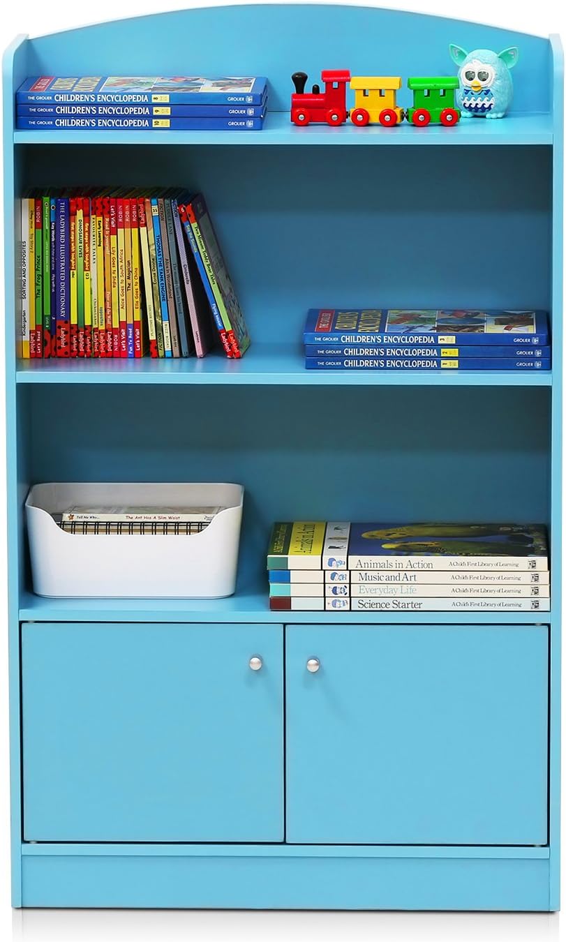Furinno LOVA Book Shelf, Bookshelf with Storage Cabinet, Bookcase with Door, 11.8 x 23.6 x 37.3, for Living Reoom, Bedroom, Home Office, Light Blue