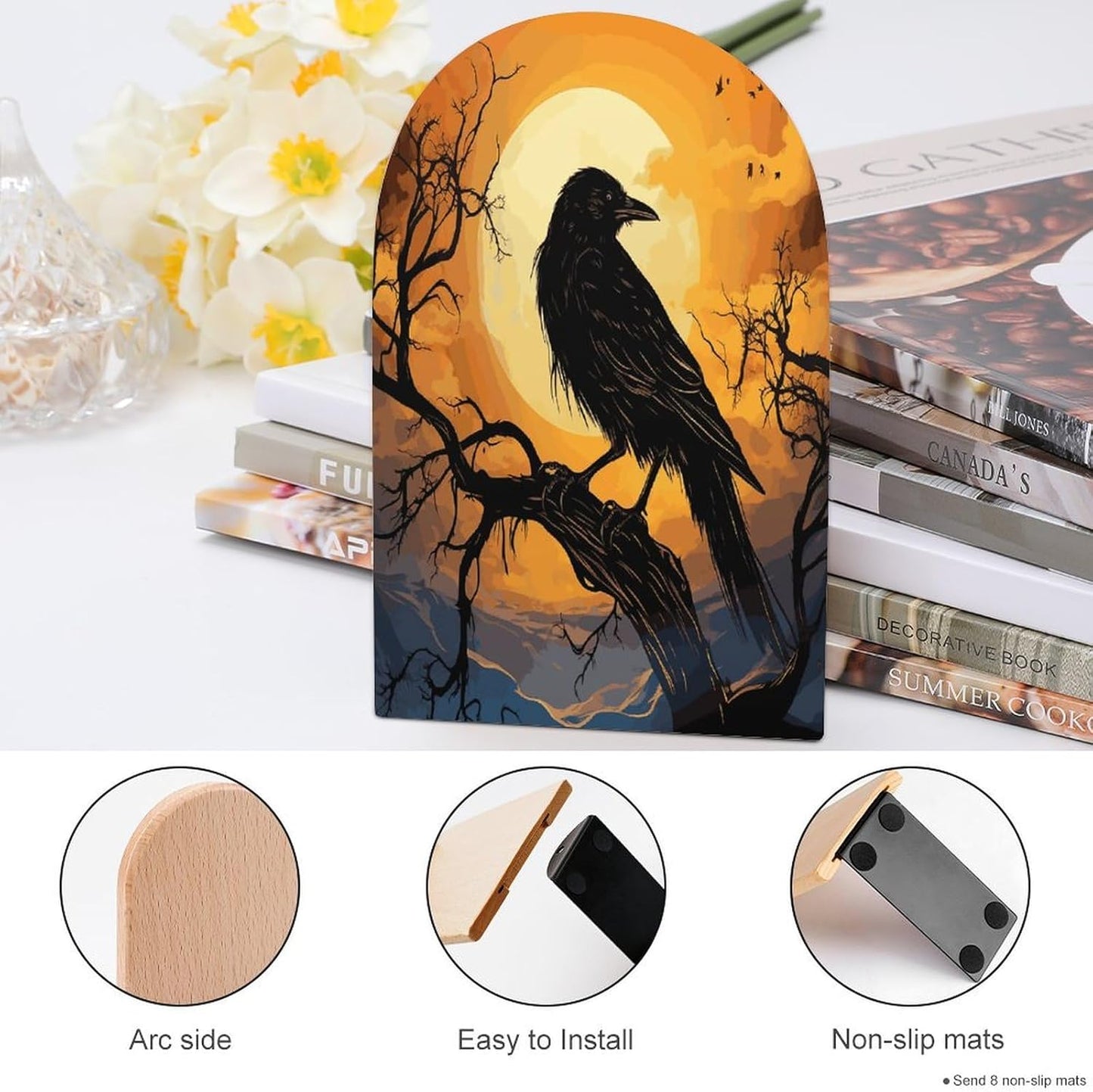 Non-Slip Bookend for Shelves Crow Wooden Bookends with Metal Base Decorative Book Stopper for Home Heavy Duty Wood Book Storage for Books/CDs