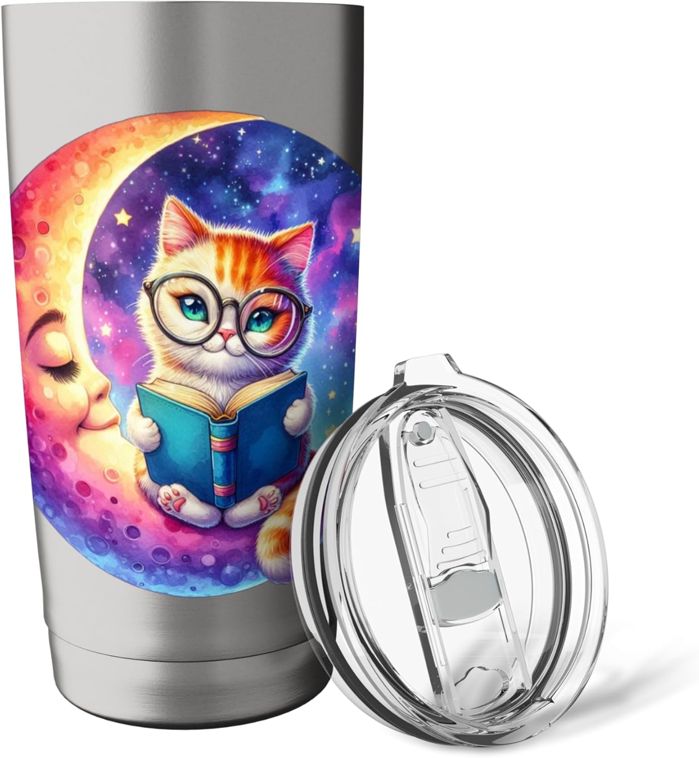 Cat Reading Book On Crescent Moon Watercolor Teacher Graphic Stainless Steel Insulated Tumbler