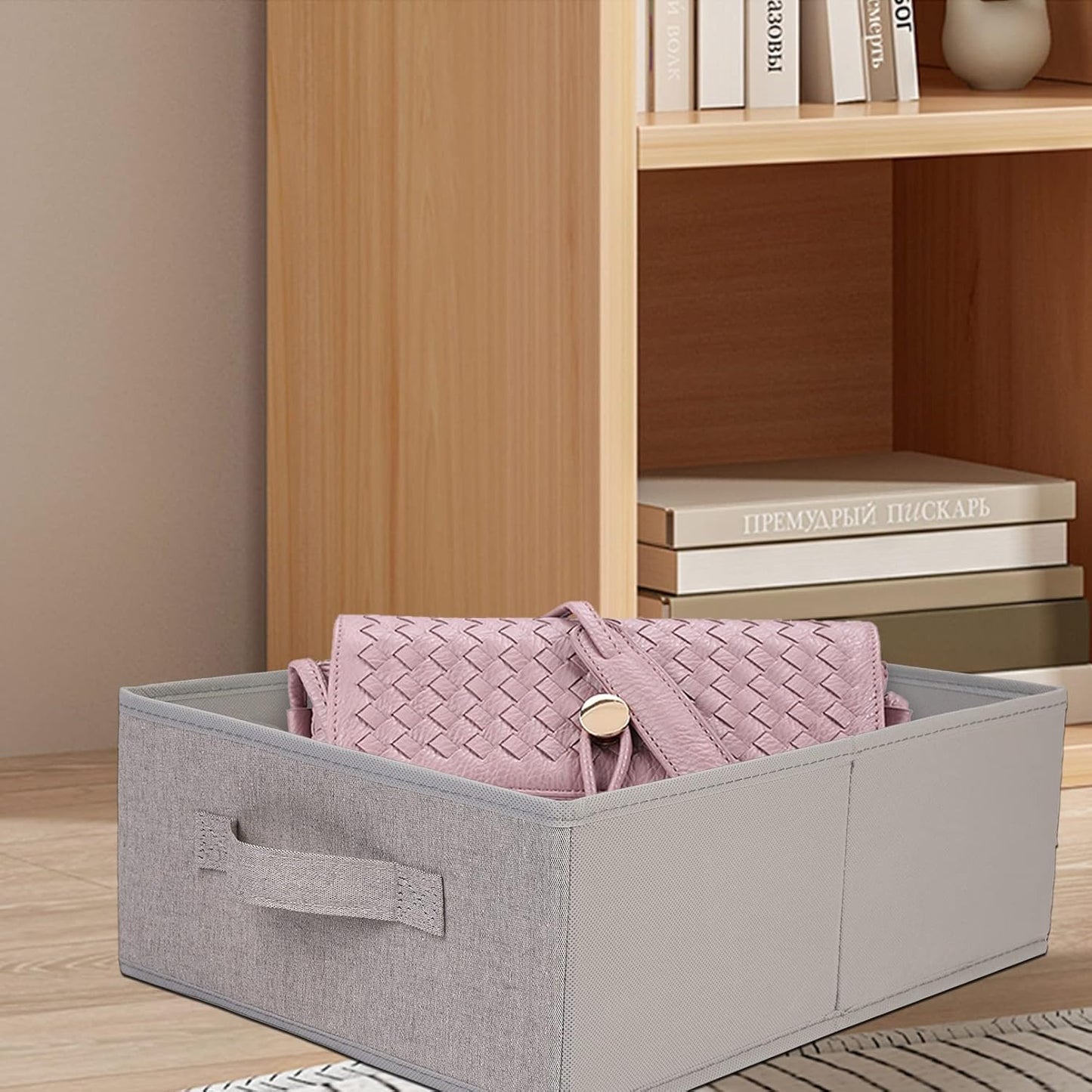 JAKAGO Fabric Storage Bins set of 4 Rectangle Storage Baskets with Handle Foldable Closet Organizer for Clothes Towel bedding Books Collapsible Clothing Container for Shelves Bedroom(Gray Low)