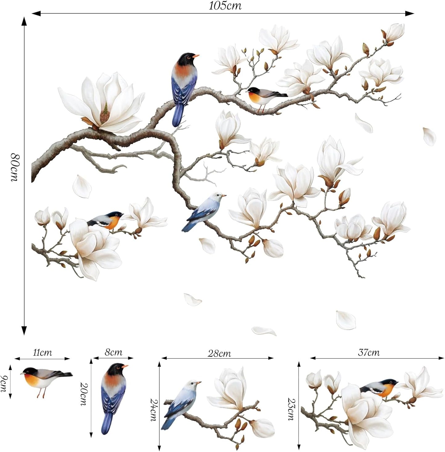 SHUCHING White Magnolia Tree Wall Decals Peel and Stick, Trees Flowers Wall Decor Stickers, White Branches Corner Wall Art(Left)