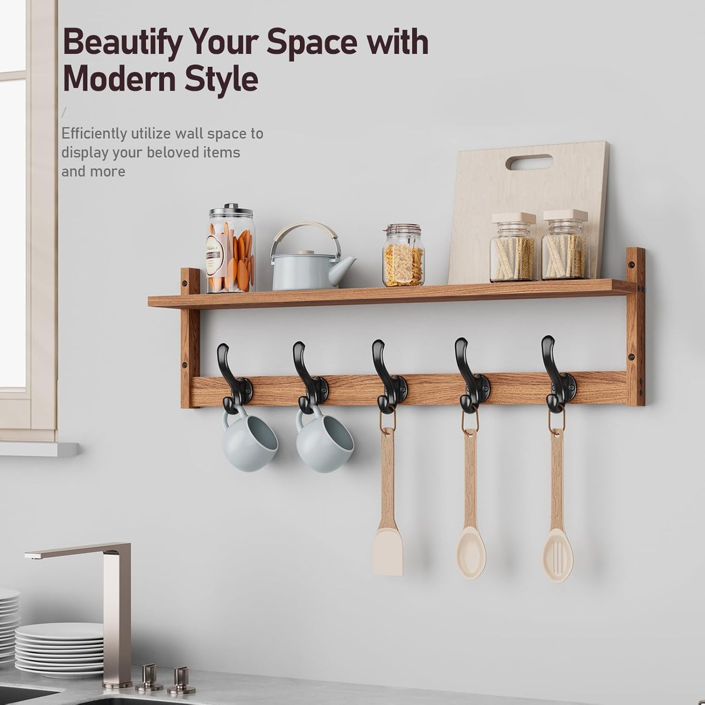 Tatub 29'' Coat Rack Wall Mount with Shelf, Wood Wall Hooks with Storage, Entryway Shelf with 5 Hangers for Bathroom, Living Room, Bedroom, Rustic Brown