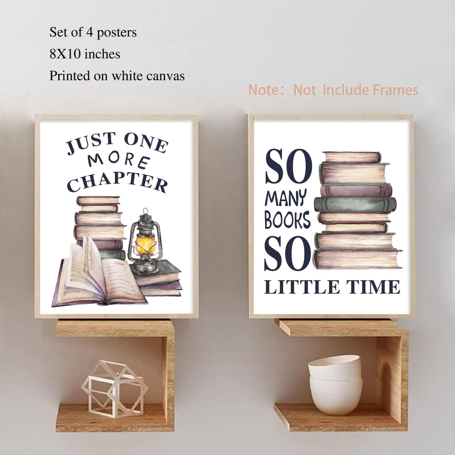 NIIORTY Vintage Reading Book Wall Art Set of 4 Canvas Prints 8x10 Inch Unframed Retro Posters Library Classroom Decor