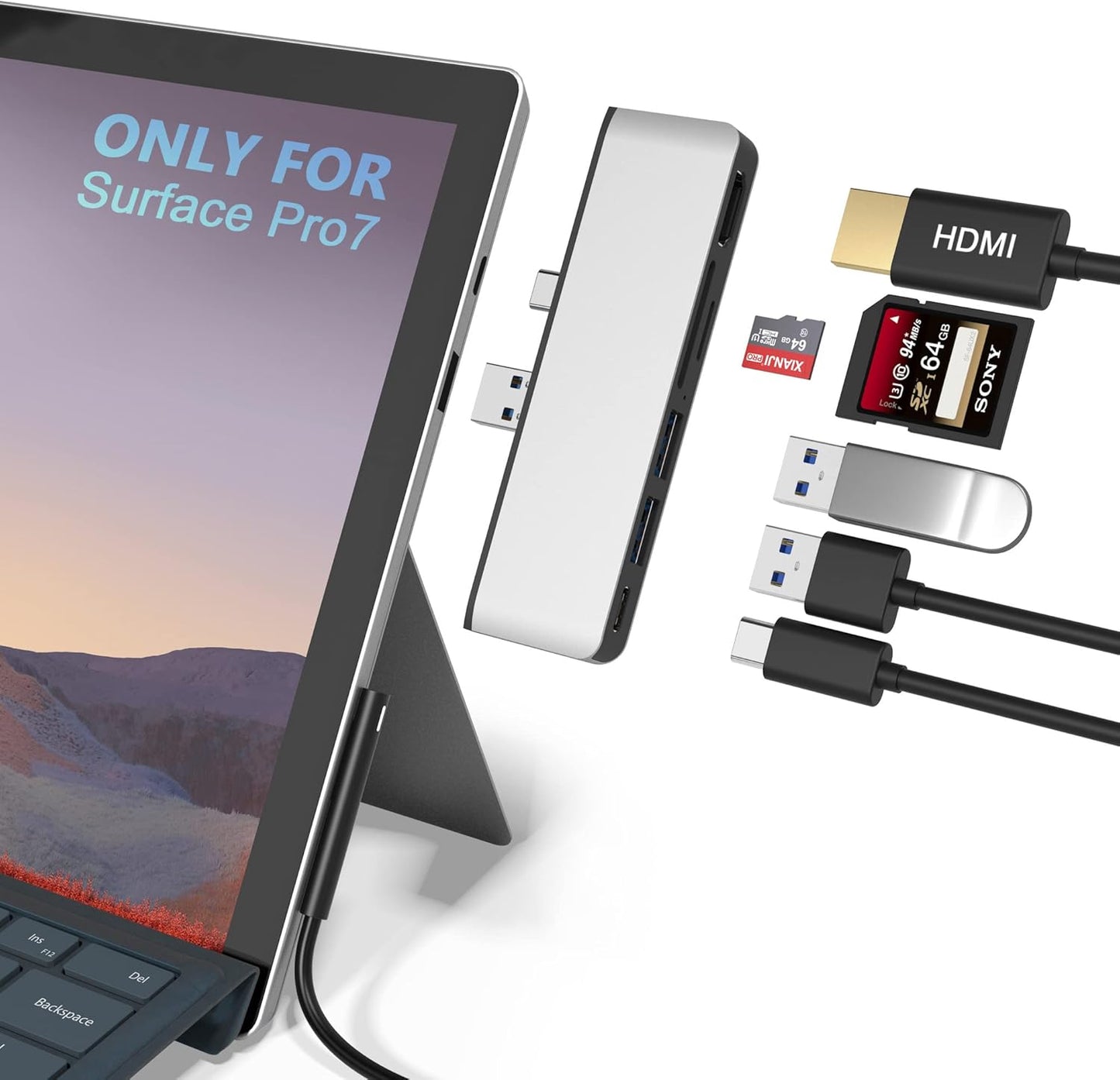 Surface Pro 7 USB C Hub, 6-in-2 Aluminum Surface Pro 2019 Dock with 4K HDMI Adapter+ USB C Audio & Data Transfer Port +2 USB 3.0+SD/TF Card Reader, Converter Combo Adaptor for Surface Pro 7