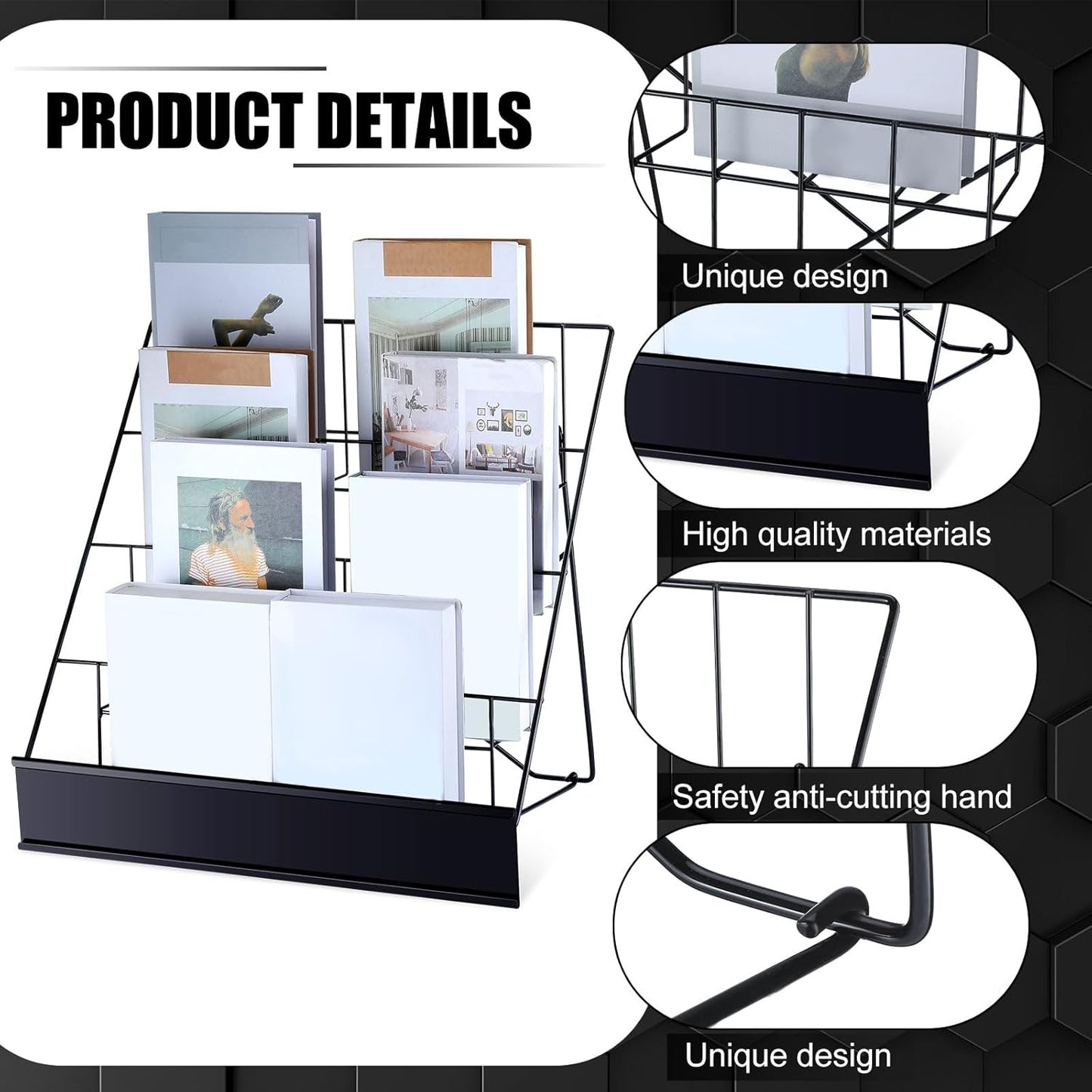 Sintuff Comic Book Display Stand 4 Tier Black Color Book Display Rack 18" Wire Tabletop Signing Cd Magazine Stand Rack Metal Countertop Decor for Retail Library Classroom Picture Literature Brochure