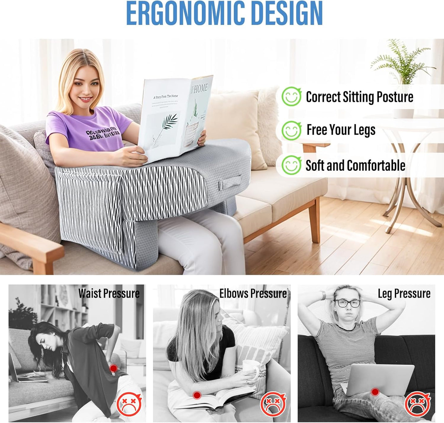 LEBENGURU Reading Pillow for Laptop, Extra Large Armrest Gaming Pillow for Working, Hight Adjustable Lap Desk Pillow for Adult Sitting in Bed, Floor, Sofa（Stripe and Grey）