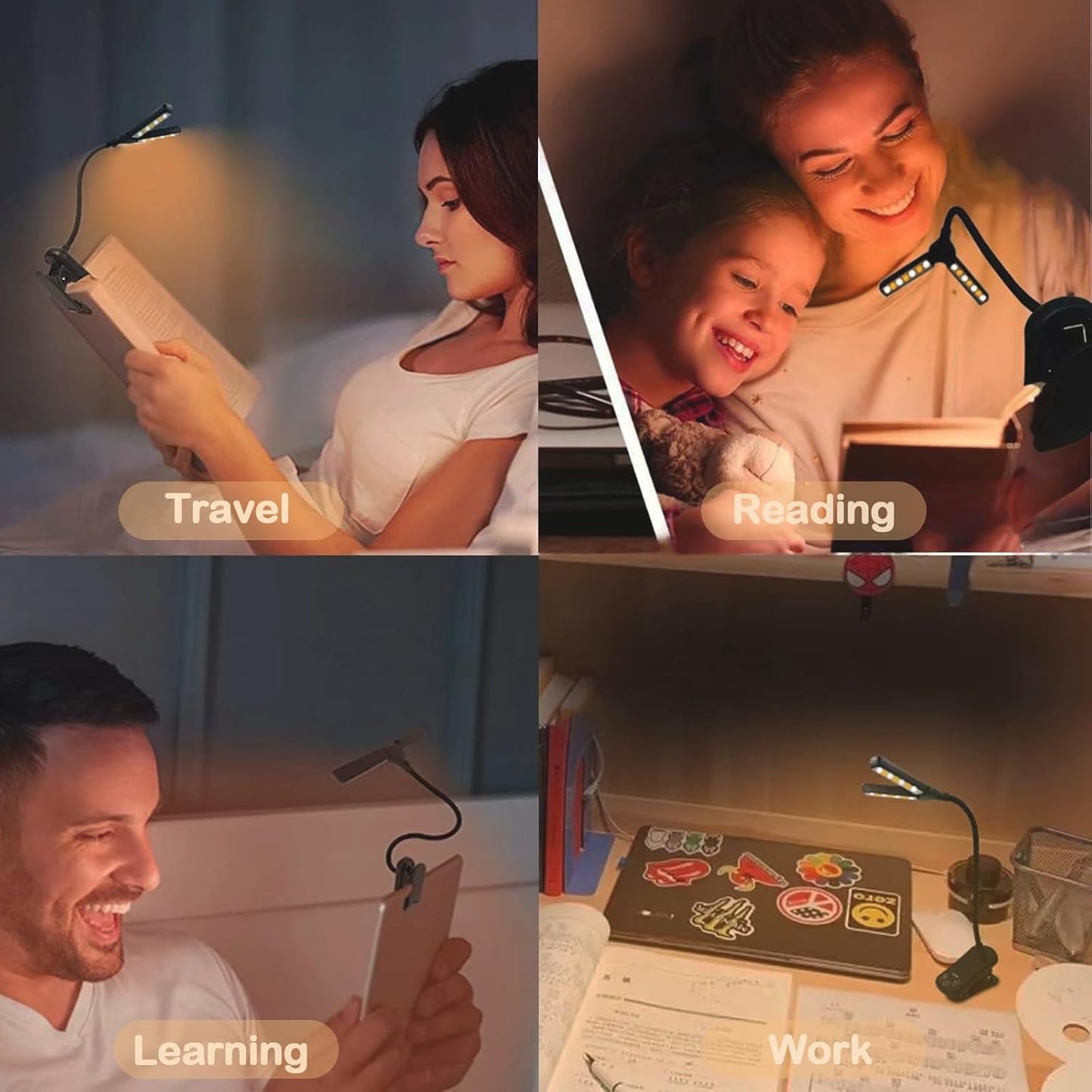 14 LED Rechargeable Book Light for Reading in Bed with Foldable Double Headed- Eye Caring 3 Color Temperatures,Stepless Dimming Brightness,80 Hrs Runtime Lightweight Clip on Light for Book Lovers