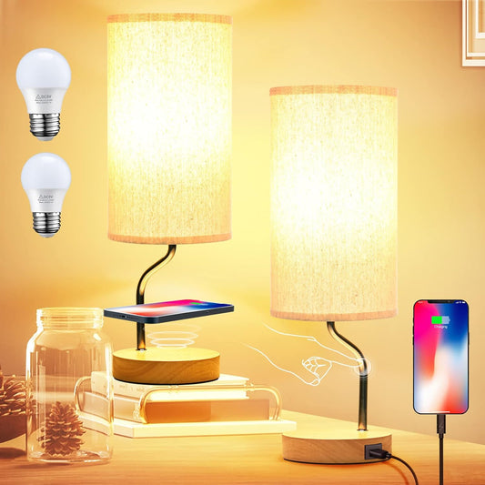 Smart Bedside Table Lamp Set of 2 with Wireless Charger & USB Port - Touch Control LED Desk Lamp for Bedroom, Dimmable Wooden Nightstand Lamp with Fabric Shade for Living Room, Kid's Room,(Cream)