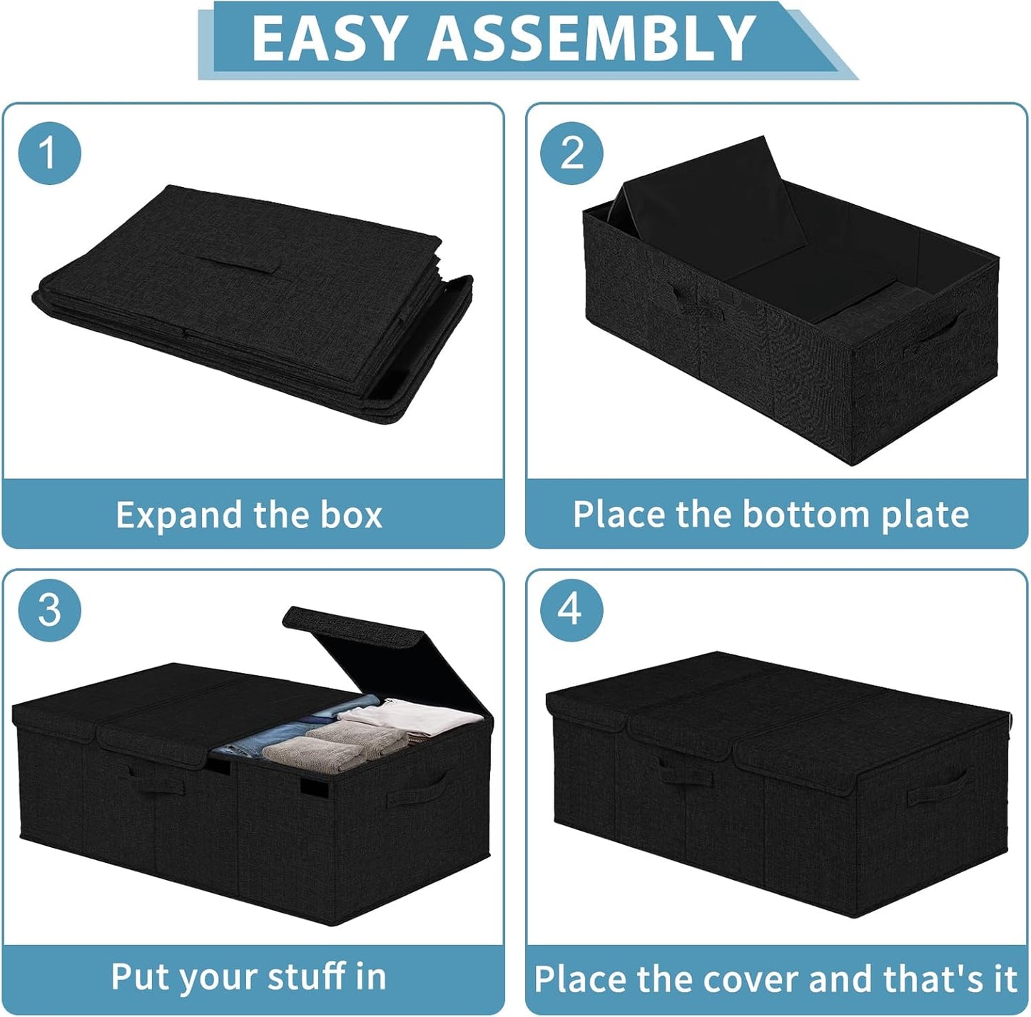 Deep Under Bed Storage Container, 10" Tall Height Underbed Box Bin with Lids 31" Long Large Basket for Under Bed, Bedroom, Dorms, Clothes, Bed sheets, Blankets, 2 Pack, Black