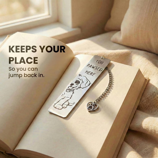 Dog Bookmark, Stainless Steel Metal Bookmark with Paw Charm, Engraved “You PAWSED HERE”, Cute Puppy Book Marker Gift for Dog Lovers & Dog Moms