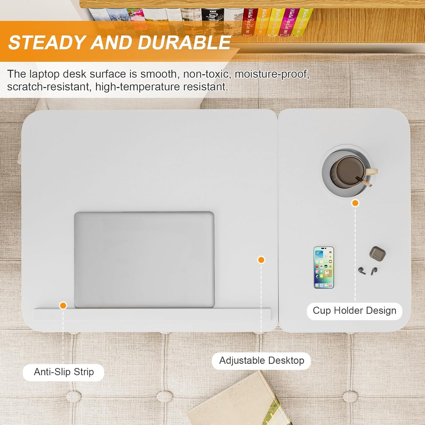 Laptop Desk for Bed, Adjustable Laptops Stand with 5 Adjustable Angles, Portable Lap Tray Table with Cup Holder, Laptop Bed Desk Tray for Eating Working Writing Reading (White)
