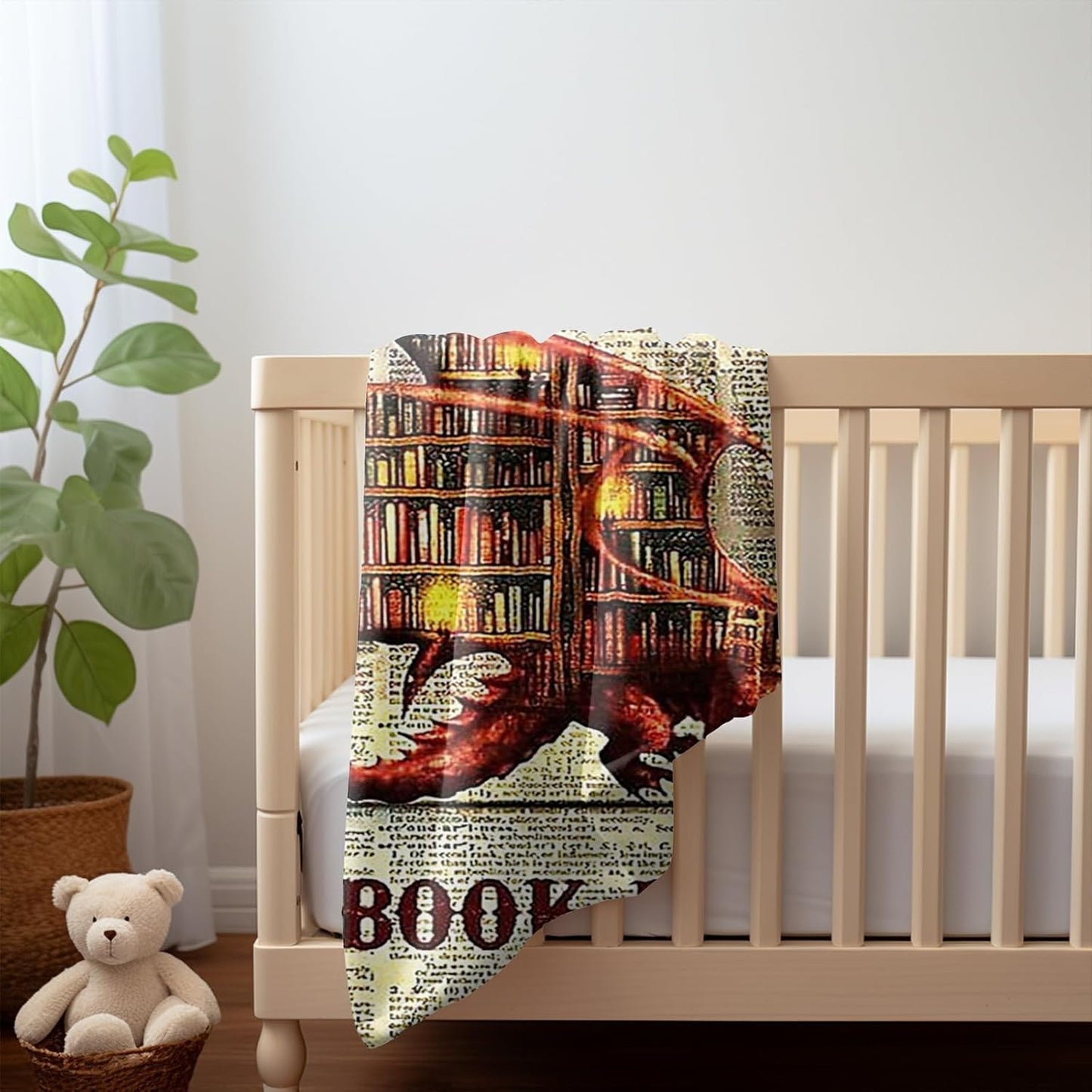 Book Dragon Fleece Blanket Cozy Throw for Book Lovers, Vintage Dragon Design on Text Background, Warm and Soft Reading Blanket for Home, Couch, or Bed (L80 xW60)