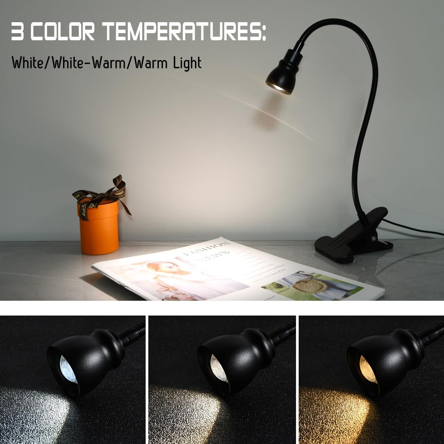 Zoomable Clip on Light, Clamp Reading Light for Dorm Bed Headboard, Dimmable Spotlight with 3 Color Temperature Options, 10 Dimmable Brightness Levels, Adjustable Beam Angle