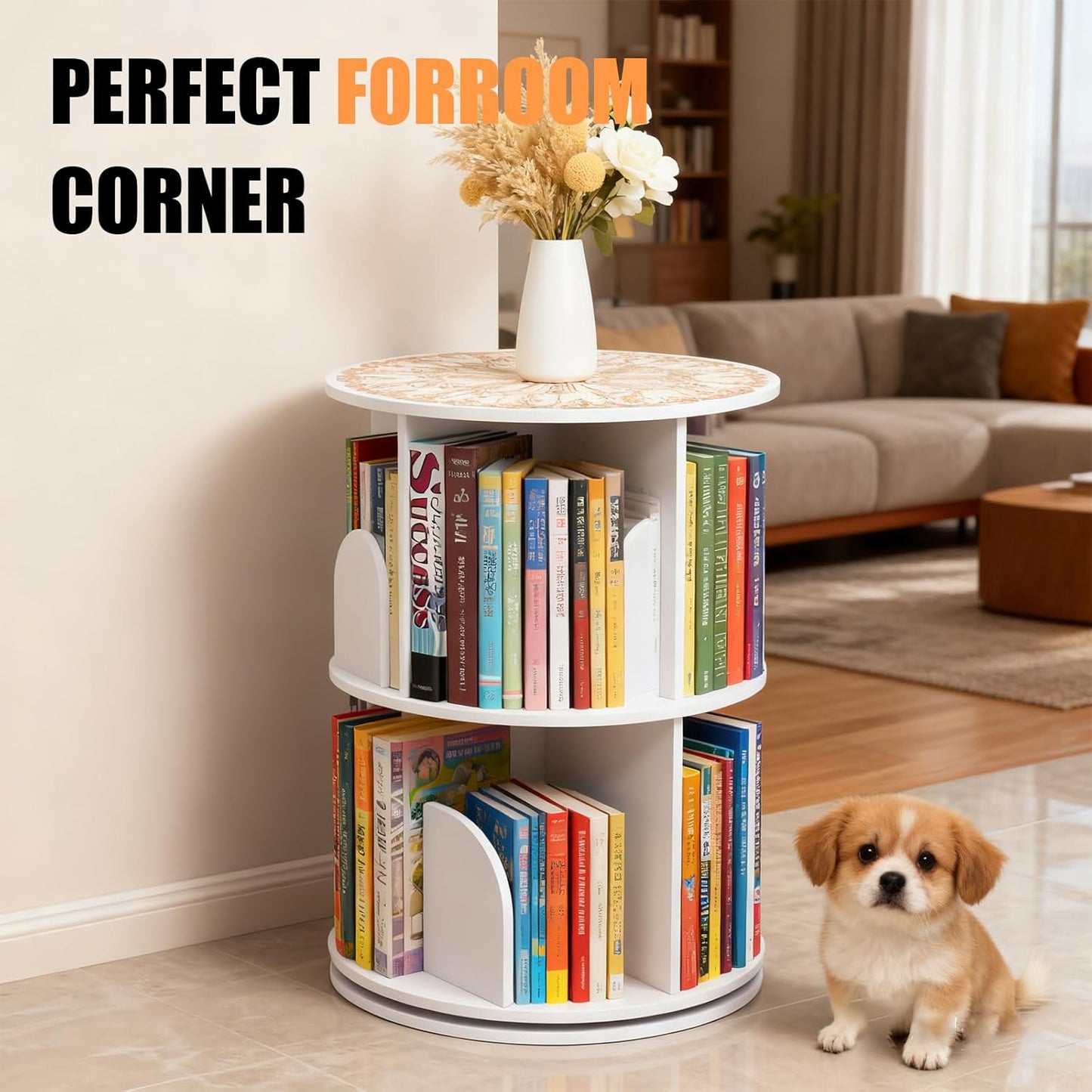 Desktop Double-Layer Rotating Bookshelf Tower – 360° Rotating Bookcase Storage Rack with 8 Shelves, Rotating Storage for Books,Making it Ideal for desks, nightstands, and Compact Corners.