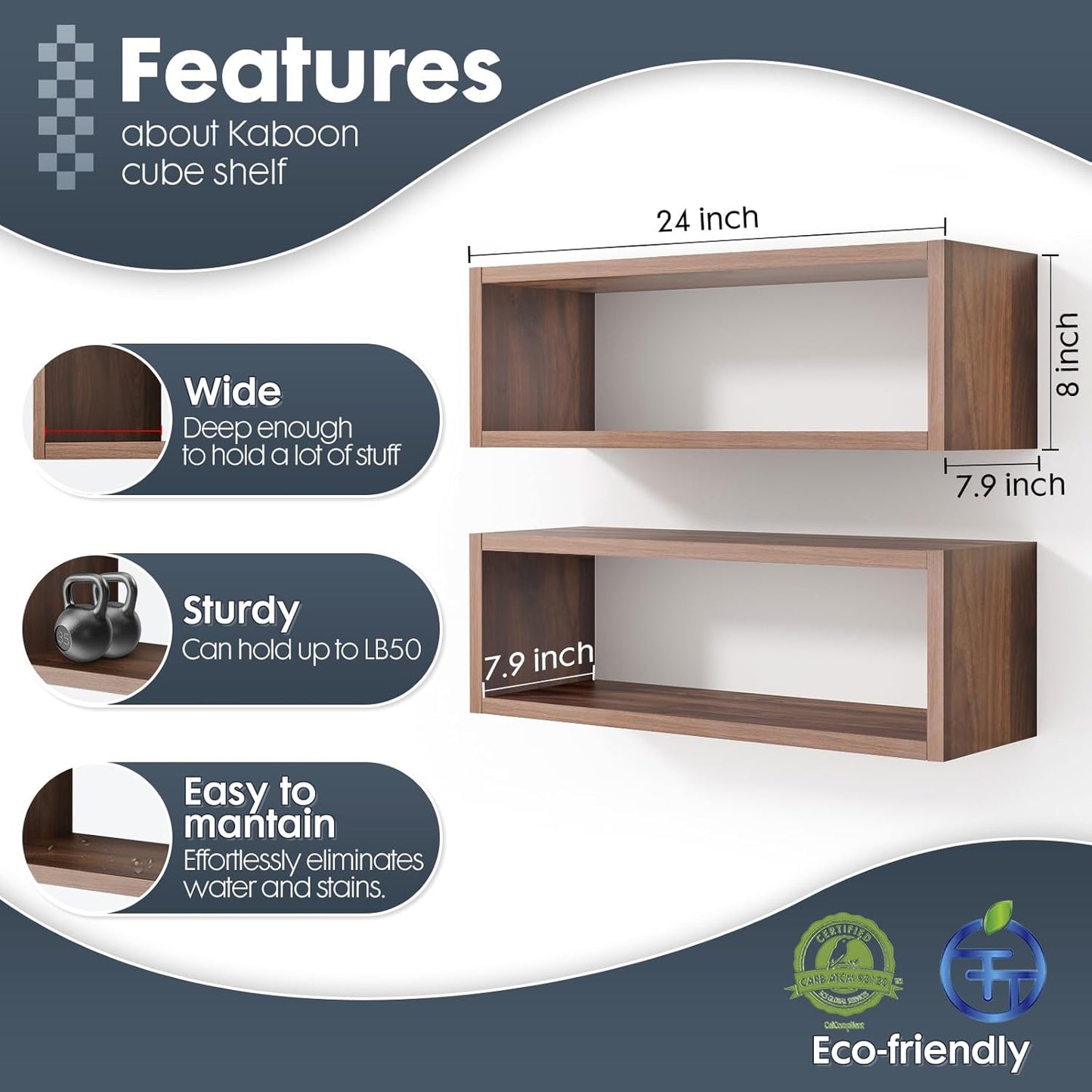 Kaboon 24in Floating Cube Shelves Set of 2, Display Shelves Wall Mount, Decorative Hanging Shelves for Kitchen Living Room Office,(Dark Walnut, Rectangle 2 Cubes)