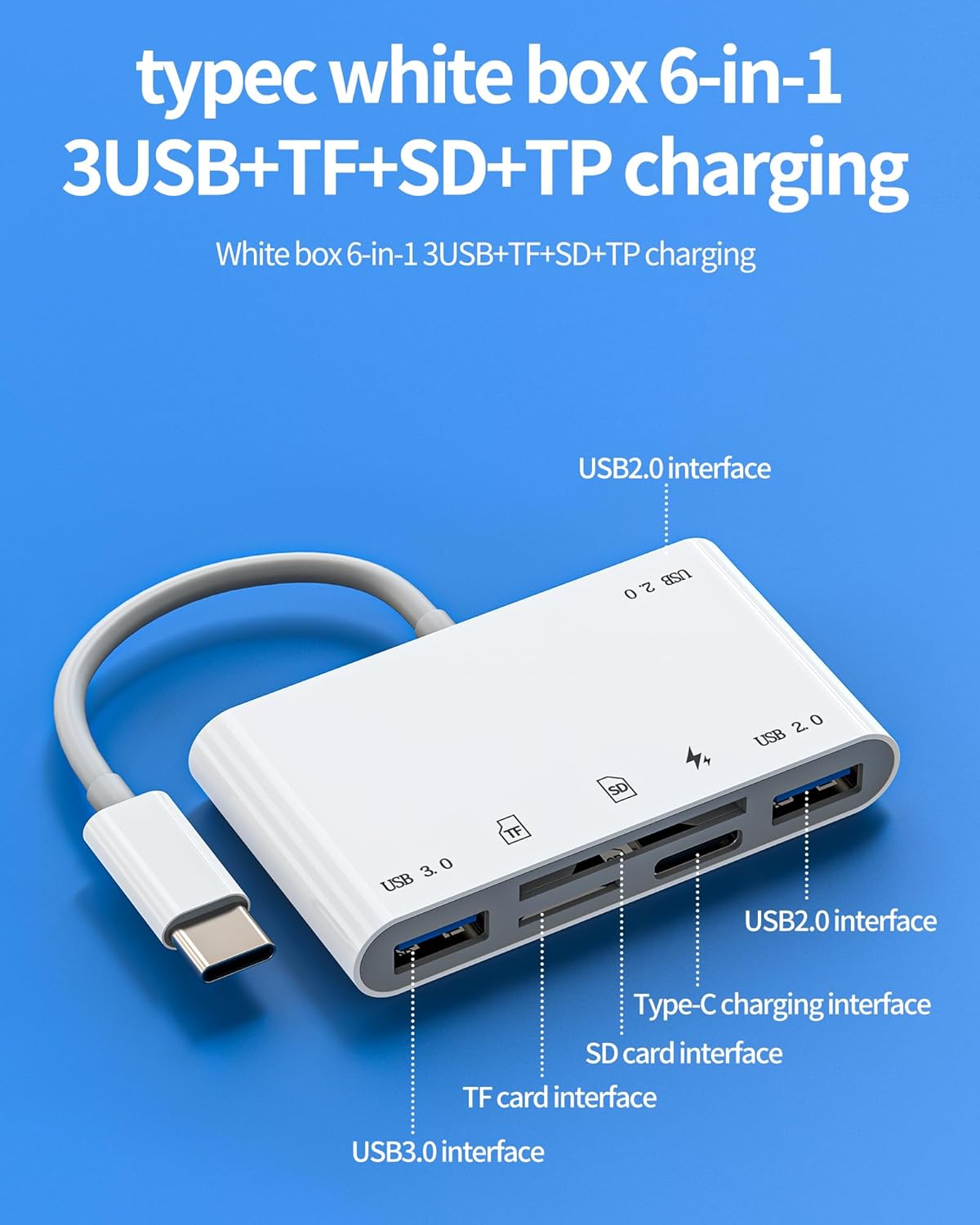 USB C Hub USB 3.0 TF SD Card Reader Charging Docking Station (6in1) Type C Multiport Adapter Thunderbolt Charger Cable Micro SD Memory Dongle for Apple iPhone15 MacBook for iPad compatible for Samsung