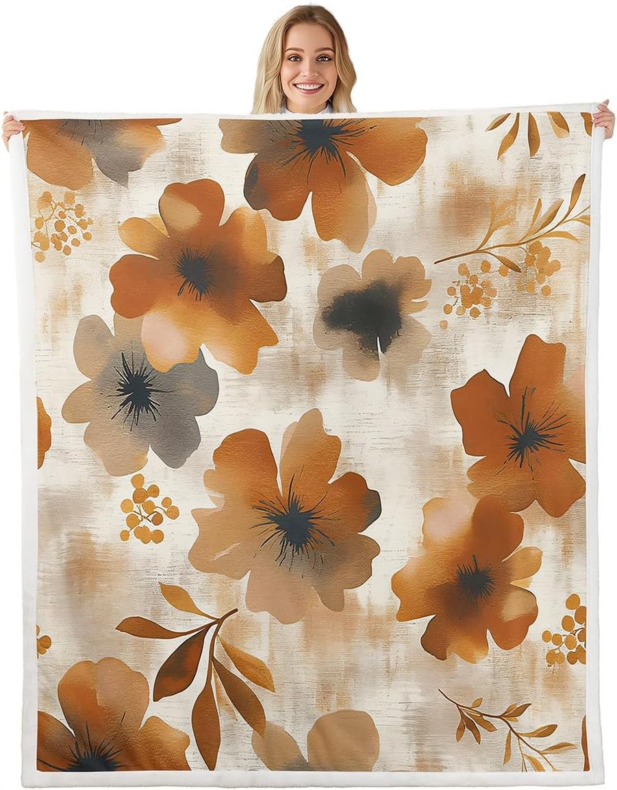 Feelyou Twin 60"x80" Floral Fleece Throw Blanket for Bed Sofa Couch Brown Flower Fuzzy Blanket Blossom Flowers Watercolor Sherpa Blanket Room Decorations Fuzzy Blanket