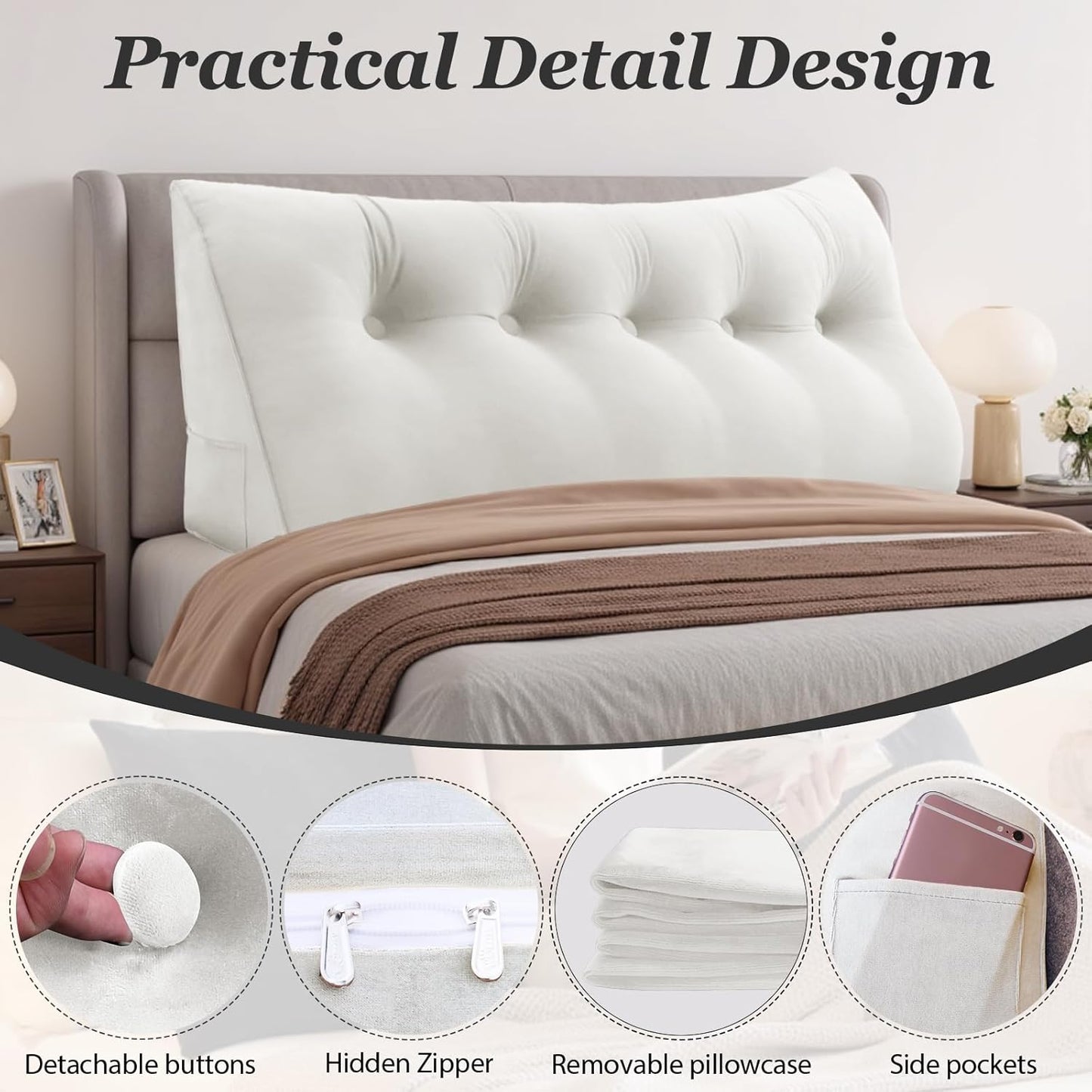 Headboard Wedge Pillow,Queen Bed Wedge Pillow for Headboard,Backrest Pillow for Beds,Reading Pillows for Sitting in Beds Adult,Bolster Pillow for Bed with Removable Cover(White,Size:60x8x20