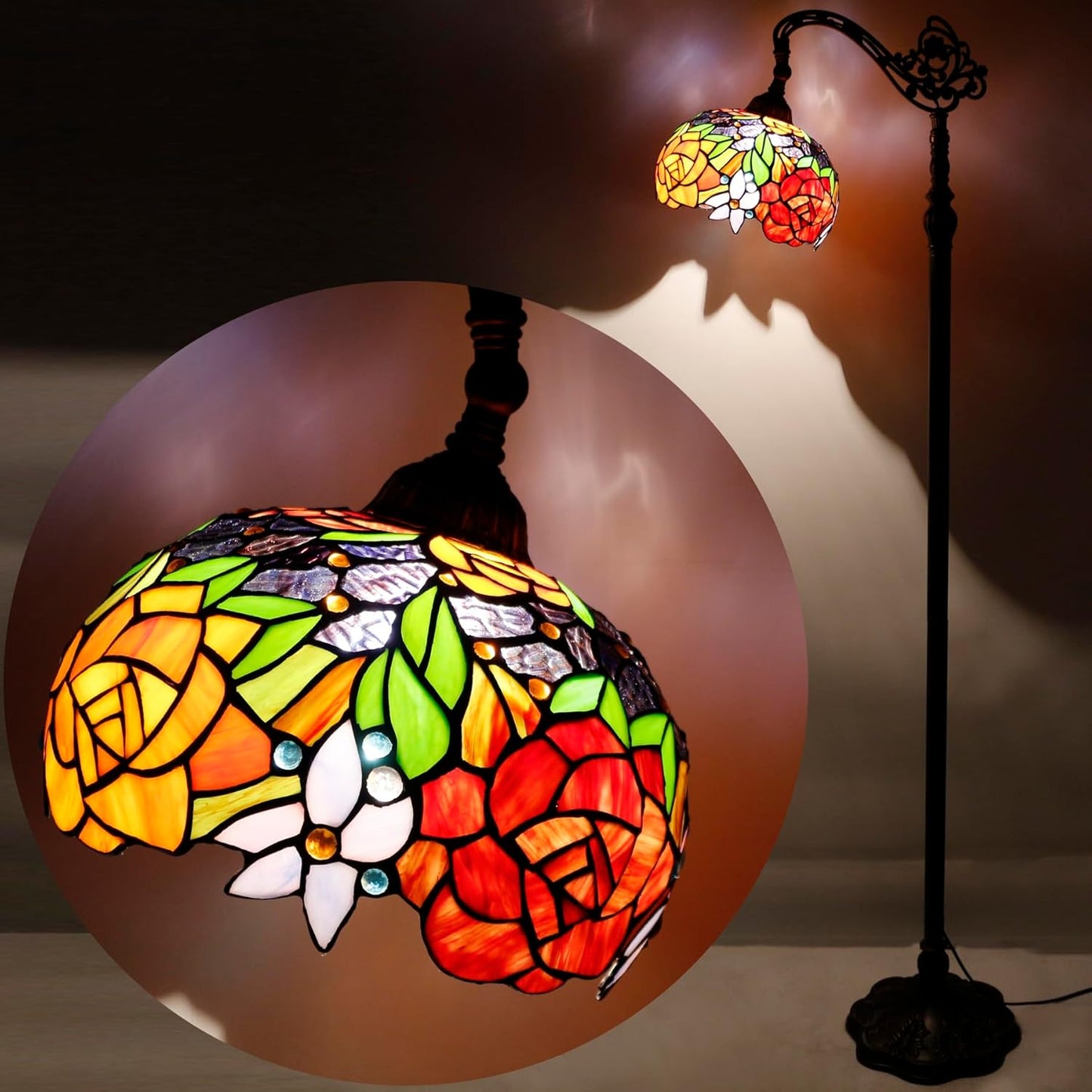 WERFACTORY Tiffany Floor Lamp Red Rose Flower Stained Glass Arched Lamp 10X18X64 Inches Gooseneck Adjustable Corner Standing Reading Light Decor Bedroom Living Room S001 Series