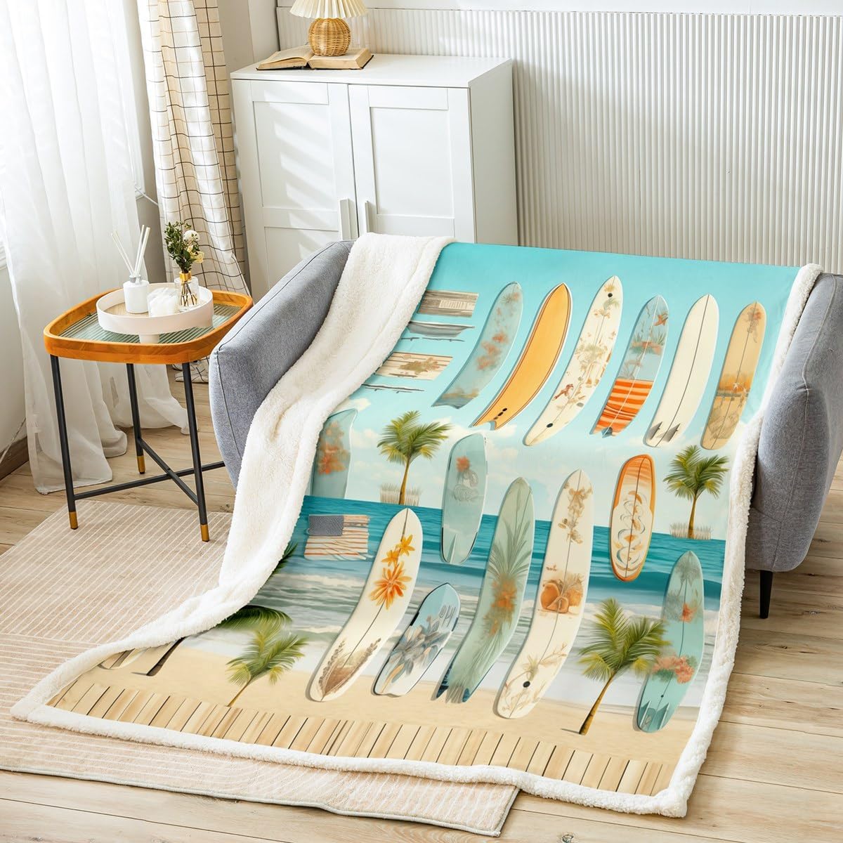 Feelyou Surfboard Sherpa Blanket Boys Girls Ocean Beach Fleece Throw Blanket for Teens Adult Tropical Beach Plush Blanket Summer Fuzzy Blanket for Sofa Bed Couch,Throw 50x60 Inches