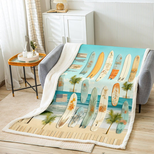 Feelyou Surfboard Sherpa Blanket Boys Girls Ocean Beach Fleece Throw Blanket for Teens Adult Tropical Beach Plush Blanket Summer Fuzzy Blanket for Sofa Bed Couch,Throw 50x60 Inches