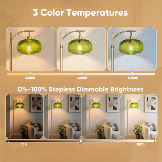 Modern Floor Lamp for Living Room, Mid Century Tall Standing Lamp Green Glass Lamp Shade, Dimmable Gold Tall Pole Lamp for Bedroom Office with Remote, 1 x 12W LED Edison Bulbs Included