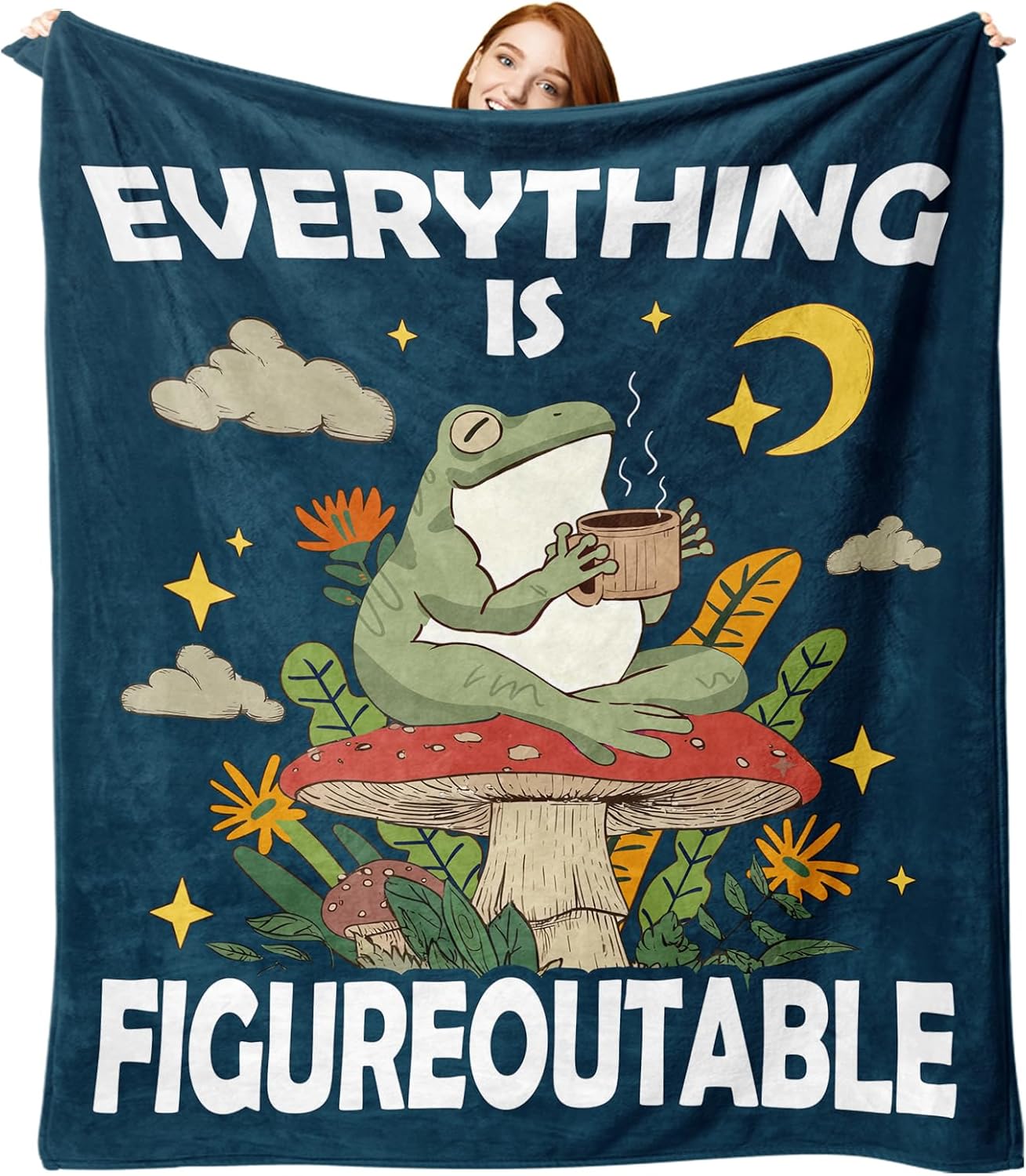 Inspirational Everything is Figureoutable Flannel Throw Blanket, Funny Frog Mushroom Motivational Kids Men Women Birthday Gifts, Positive Cottagecore Soft Blankets for Bedding Sofa 50" x 60"