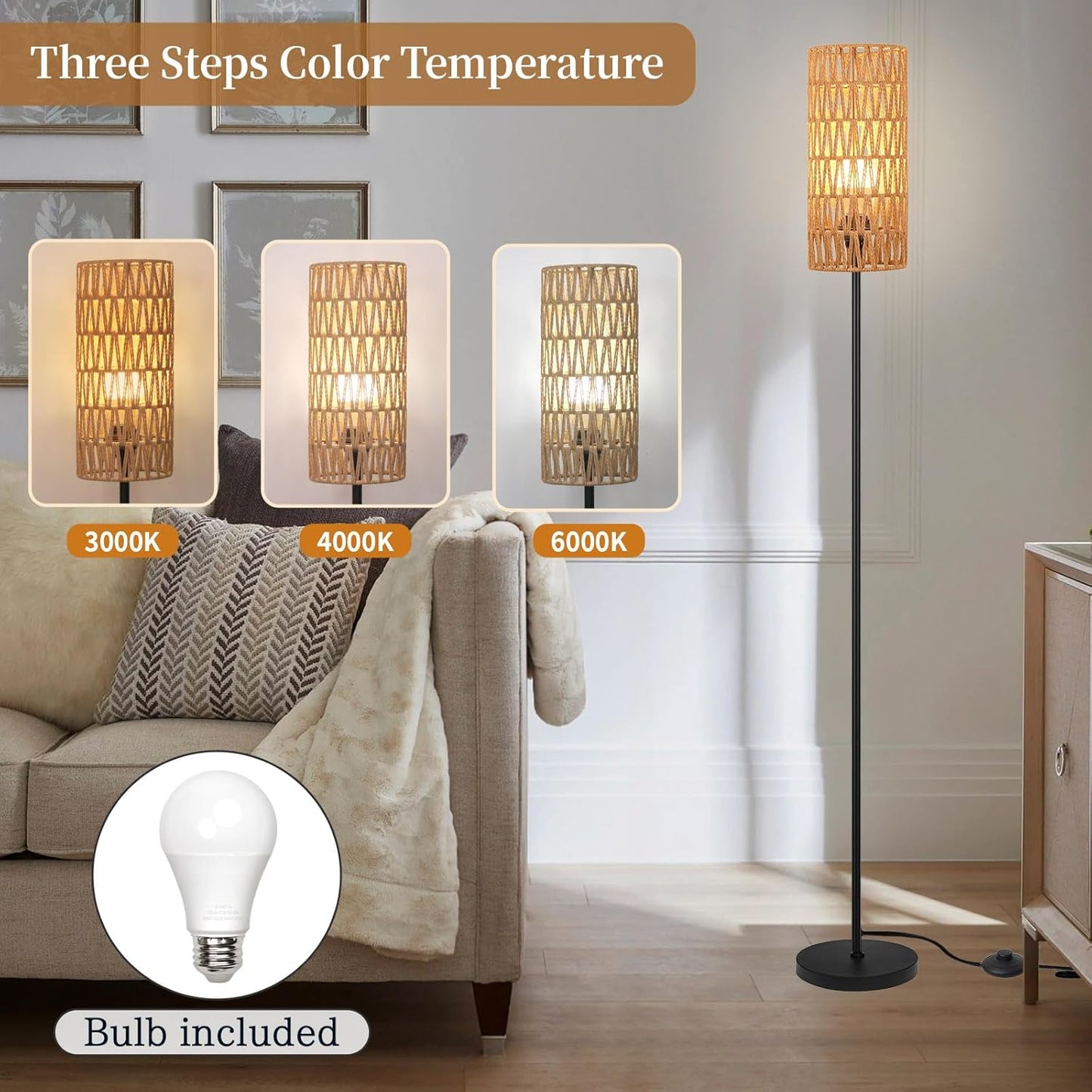 Floor Lamp for Living Room,Farmhouse Rattan Floor lamp,Modern Standing lamp with Hand-Worked Rattan Shade,Black Tall Lamp with Foot Switch for Bedroom,Kids Room,Office,LED Bulb is Included.