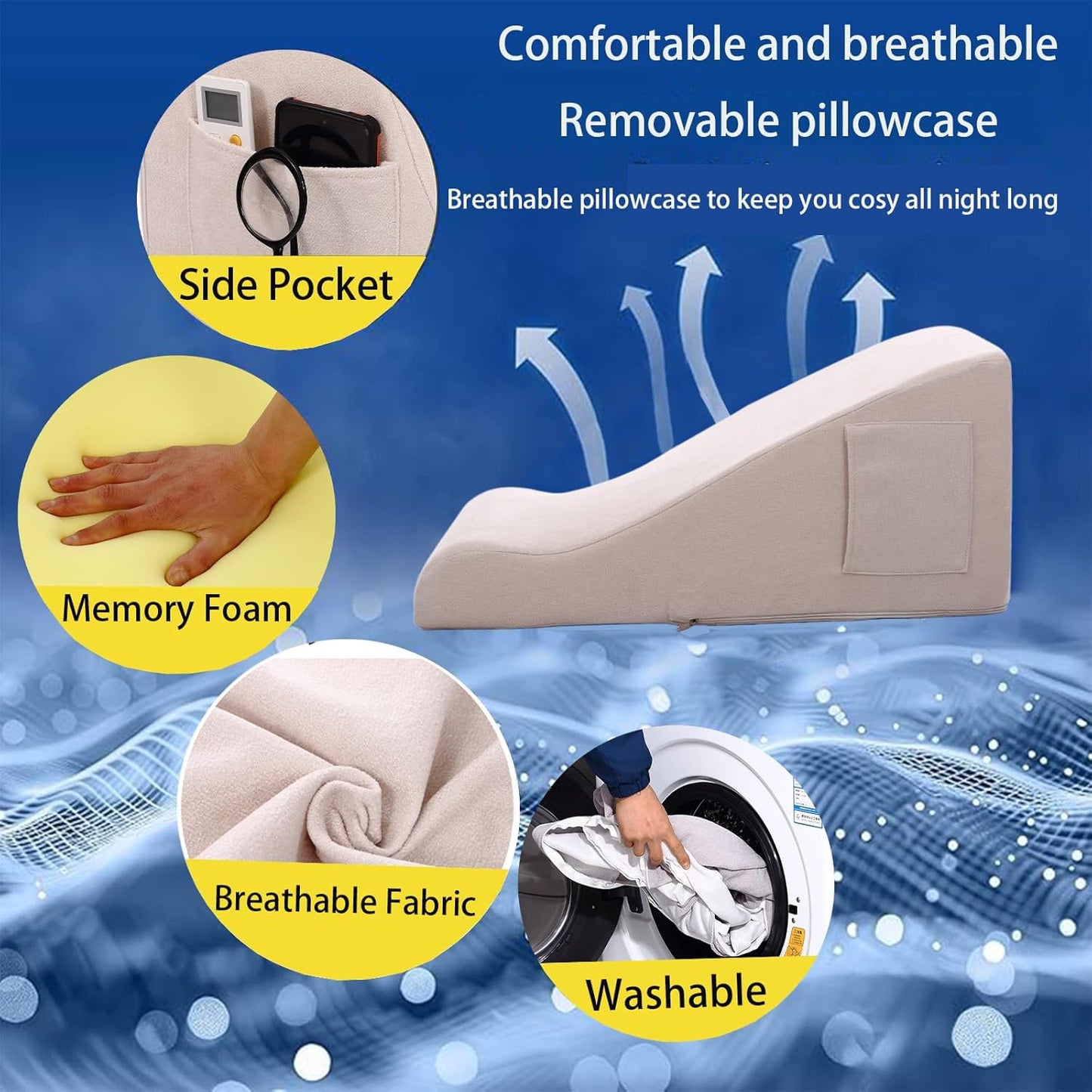 Bed Reading Pillow - Sofa Bed Wedge Pillow - Post-Op Recovery Backrest Pillow - Working Lumbar Support Reading Pillow with Removable Pillowcase Beige 27x20x12in