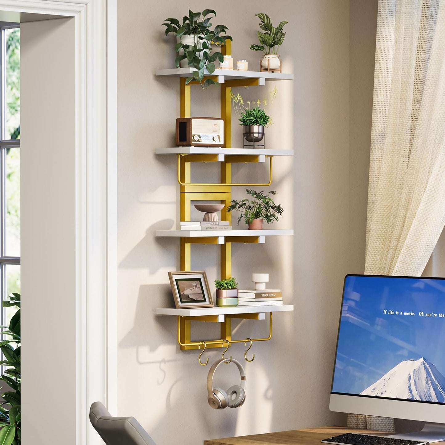 Floating Shelves, 15" Wall Shelf Set of 2, Hanging Bathroom Shelves 2-Tier, Wall Mounted Storage Shelves, for Living Room Bedroom Bathroom Kitchen Office Coffee Bar, White and Gold