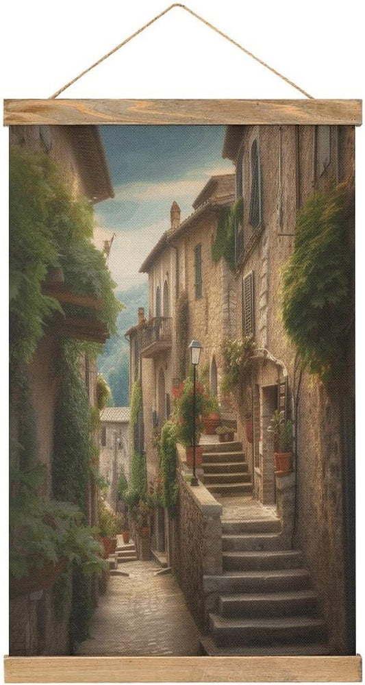 Vintage Italy Tuscan Poster with Wooden Frame Personalized Linen Hanging Scroll Painting Rustic Wall Hanging Illustrative Modern Artwork Decor for Home Living Room Bedroom Office