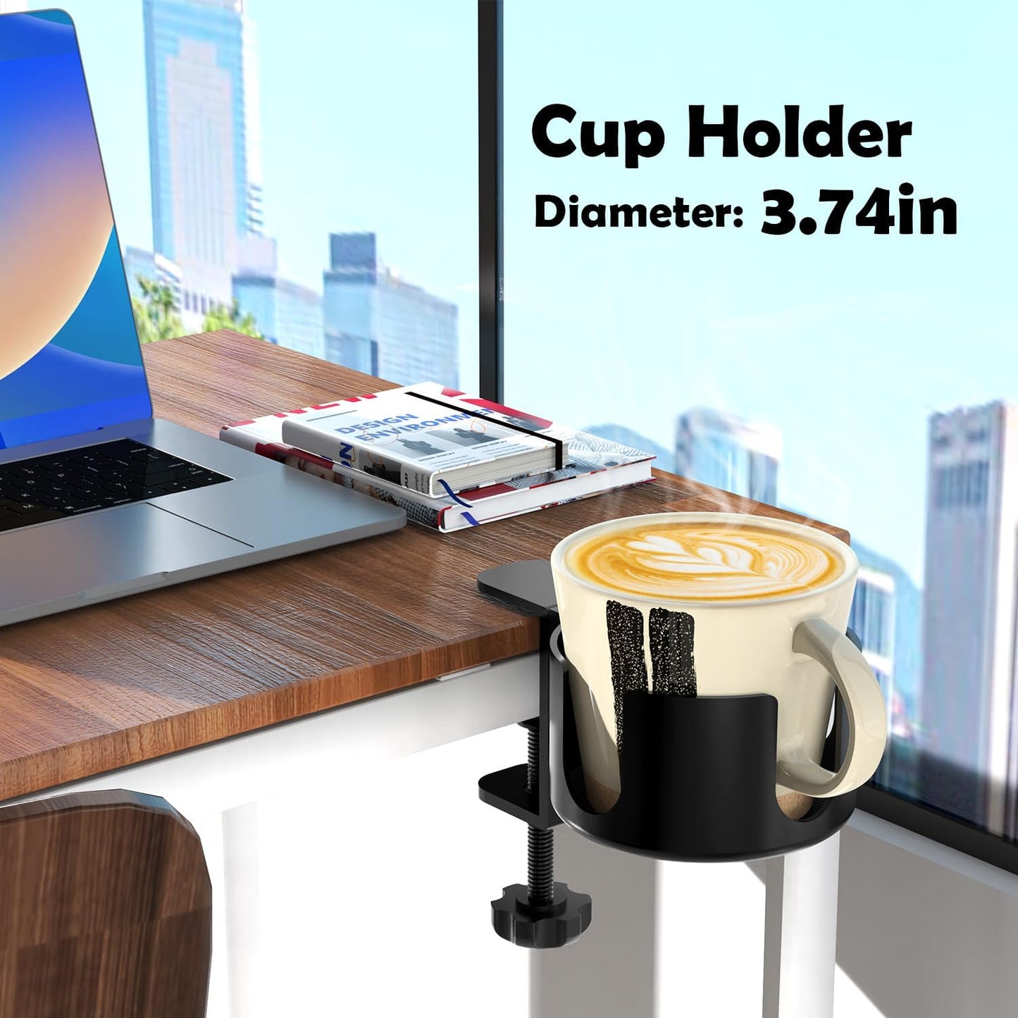 Large Desk Cup Holder Clamp， Anti-Spill Cup Holder for Your Desk or Table,Cup Holder Inner Diameter 9.5cm，Capacity 5kg/11lb Compatible with Universal Cup, Bottles(Black) (Desk Cup Holder)