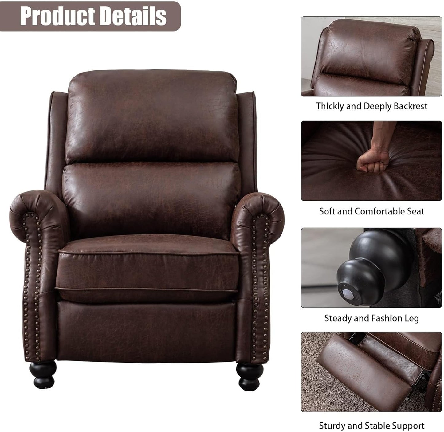 Faux Leather Armchair Recliner Chairs with Rivet Decoration Thickly and Deeply Backrest Comfortable Single Sofa Chair for Living Room Bedroom Meeting(Brown)