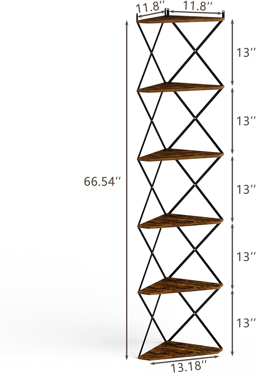 6 Tier Wall Mounted Corner Shelf Stand, Industrial Corner Bookshelf with X Metal Frame, Tall Standing Shelf Organizer, Bookcase, Plant Stand for Living Room, Bedroom Rustic Brown CS-006RB