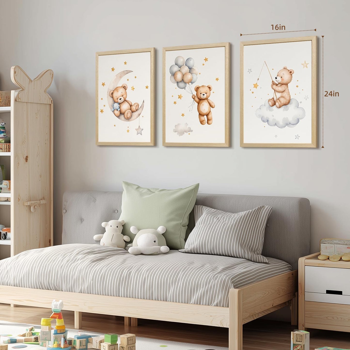 EisEver Baby Nursery Wall Art Set of 3, Bear Moon Cloud Balloon Nursery Decor, Cute Teddy Bear Boys Girls Room Art Prints, Neutral Beige Kids Room Artwork for Bedroom Playroom Wood Framed 16x24 inch