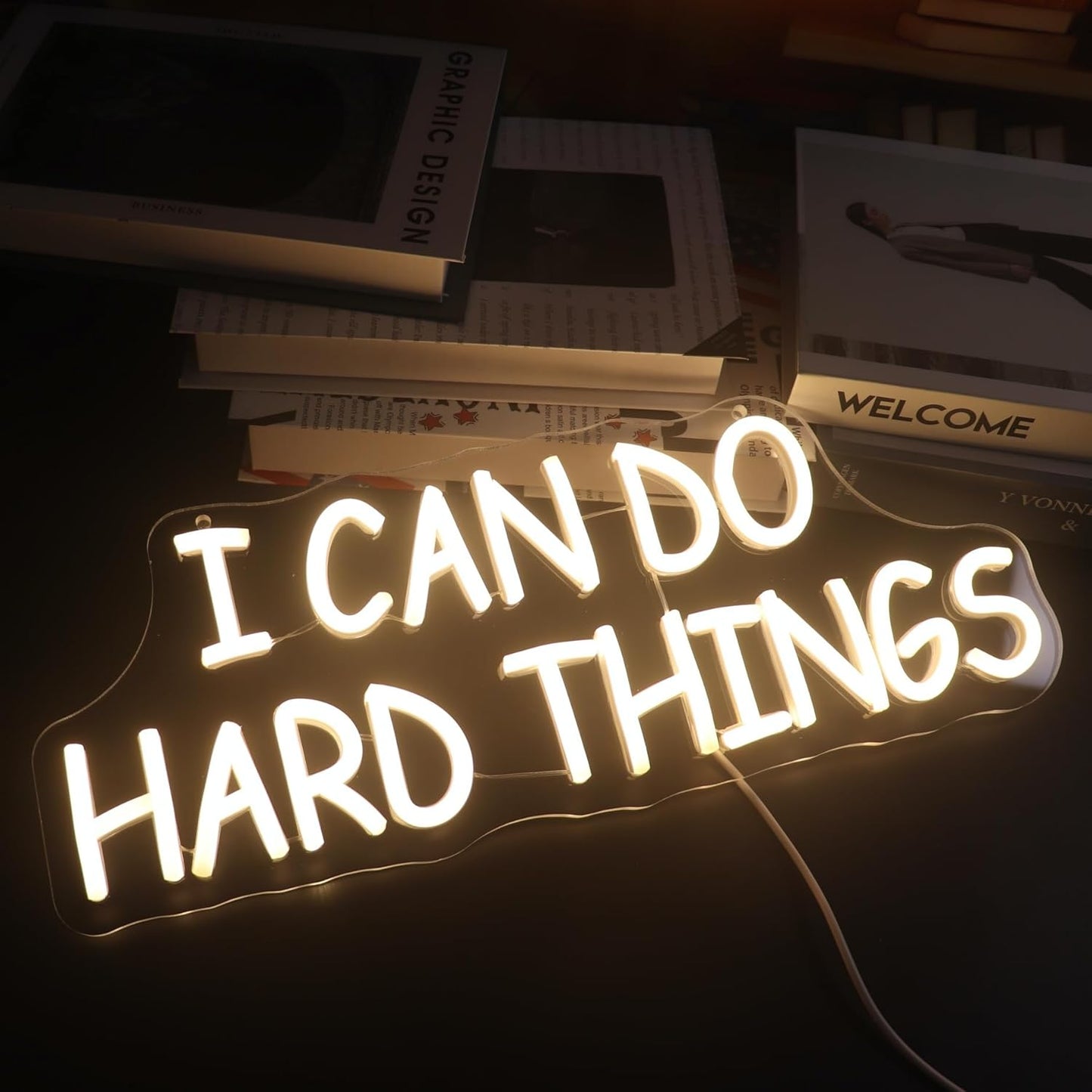 I Can Do Hard Things Wall Hanging Neon Sign, Led Positive Quotes Decorative Neon Lights for Kid's Room Wall Hanging Banners, Playroom Classroom Wall Decor Neon Light Sign(warm white)
