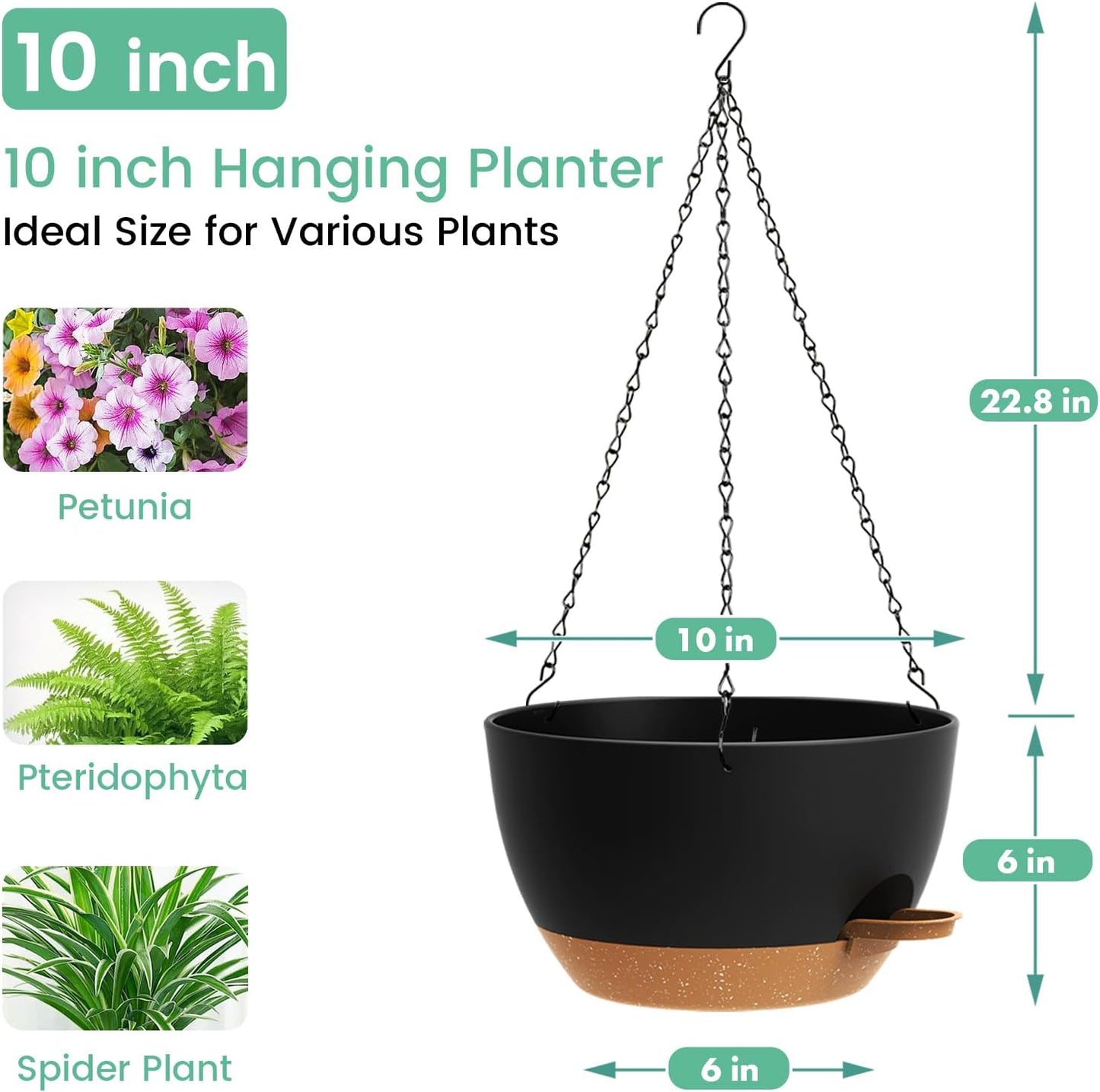 Set of 3-10 Inch Self Watering Hanging Planters for Indoor Outdoor，Hanging Plant Pots with Drainage & Removable Tray, Hanging Pots Holder for Ivy, Pothos, Ferns, Balcony & Patio, Black with Brown