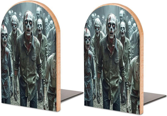 Many Zombie Bookends 1 Pair Heavy Duty Book Ends for Shelves Non-Skid Bookend Supports Wooden Book Holders with Metal Base Desk Organizers Books Storage to Hold Books