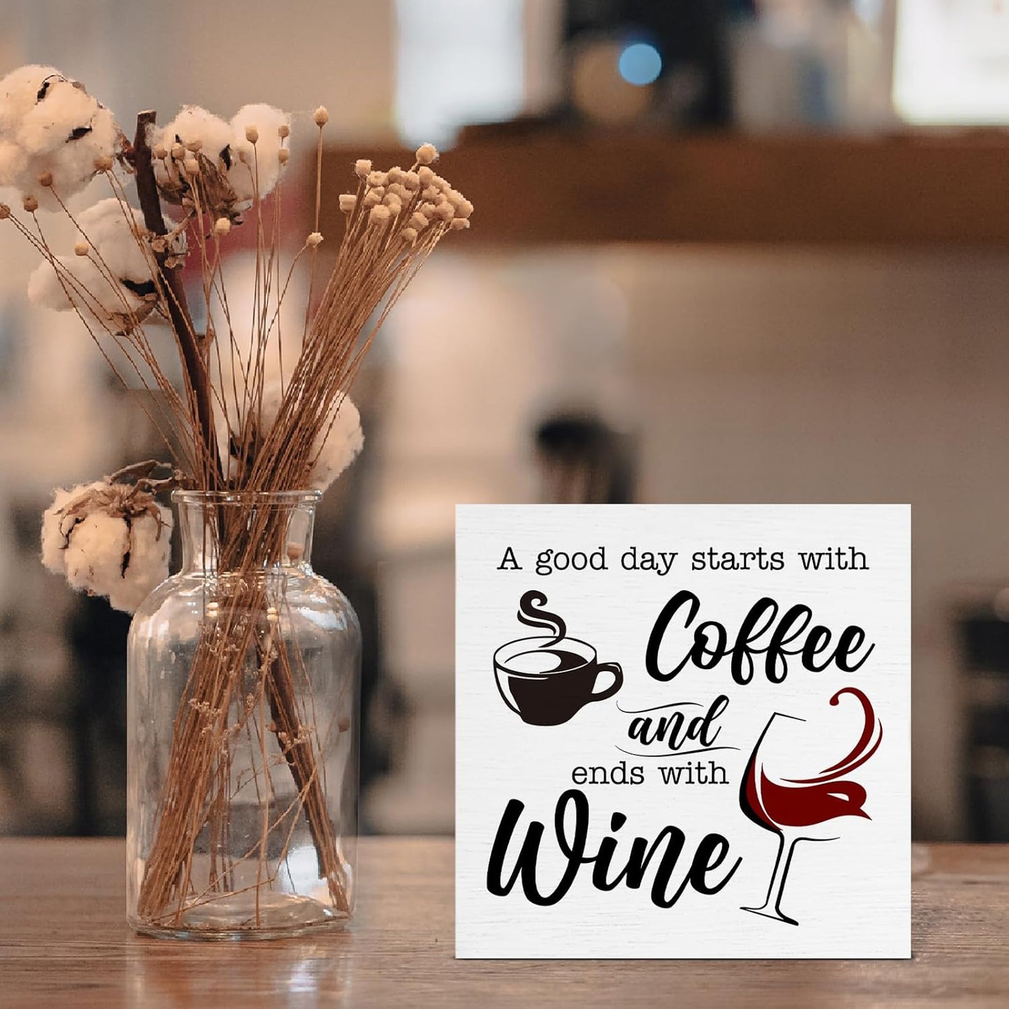 Coffee Wine Bar Decor Sign, Gifts For Colleagues Friends, Rustic Wood Block Sign for Home Kitchen Bar Shelf Table Decoration 5 x 5 Inches