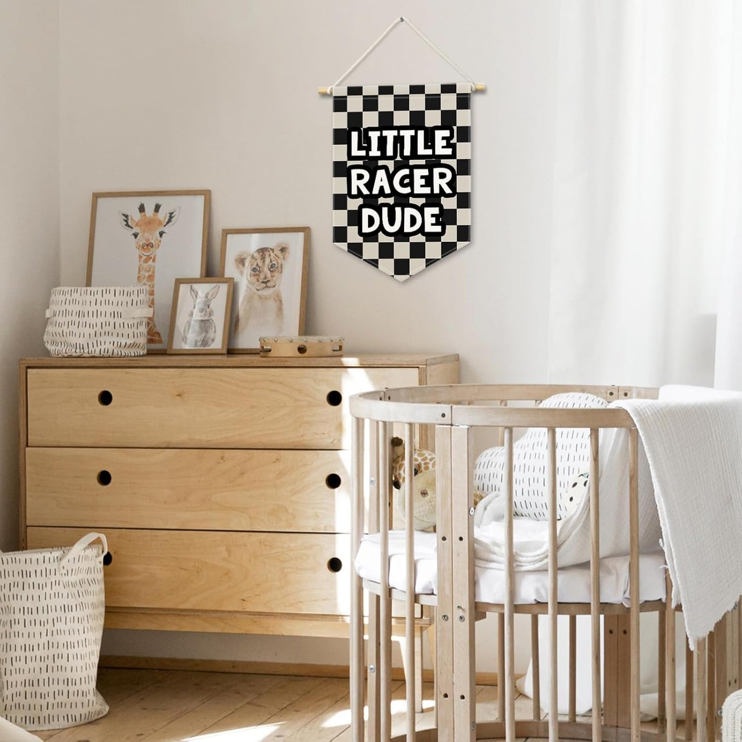 Playroom Boys Kids Room Decor, Black Checkered Little Racer Dude Banner Canvas, Nursery Wall Hanging Frame Decor Art Pennant Flag for Toddler Room Preschool Dorm Little Boy 11x15in
