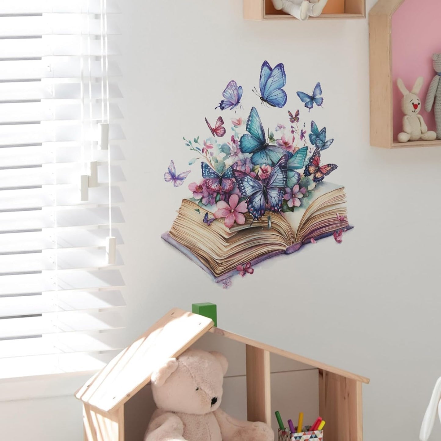 Magic Book Wall Decals Colorful Flower Butterfly Wall Stickers, Purple Butterflies Decoration for Girls & Boys Bedroom Removable Vinyl Peel and Stick for Living Room, Bathroom, Library