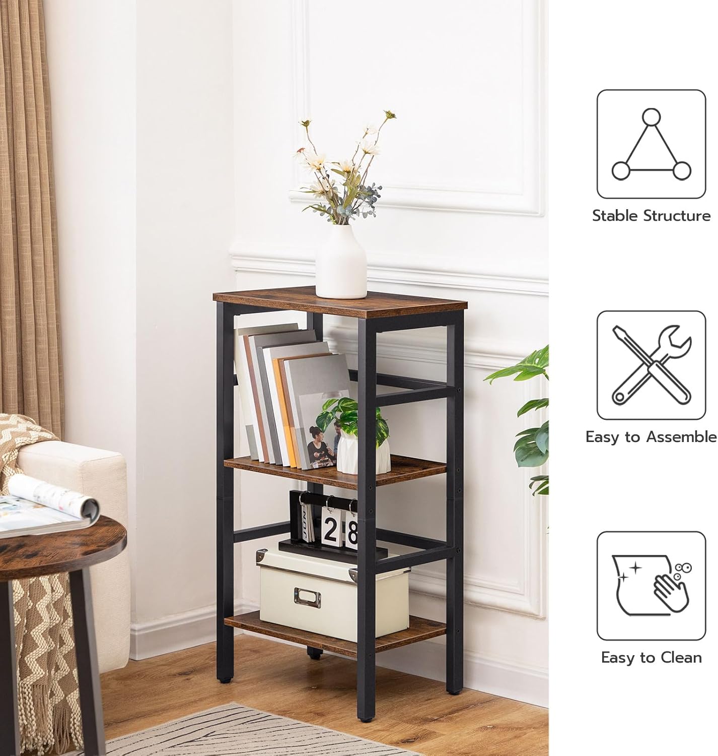 HOOBRO 3 Tier Bookshelf, Small Narrow Bookshelf, Record Storage Rack with Side Fence, Floor-Standing Shelf Units, Narrow Display Shelf for Living Room, Bedroom, Classroom, Rustic Brown BF80CJ01G1