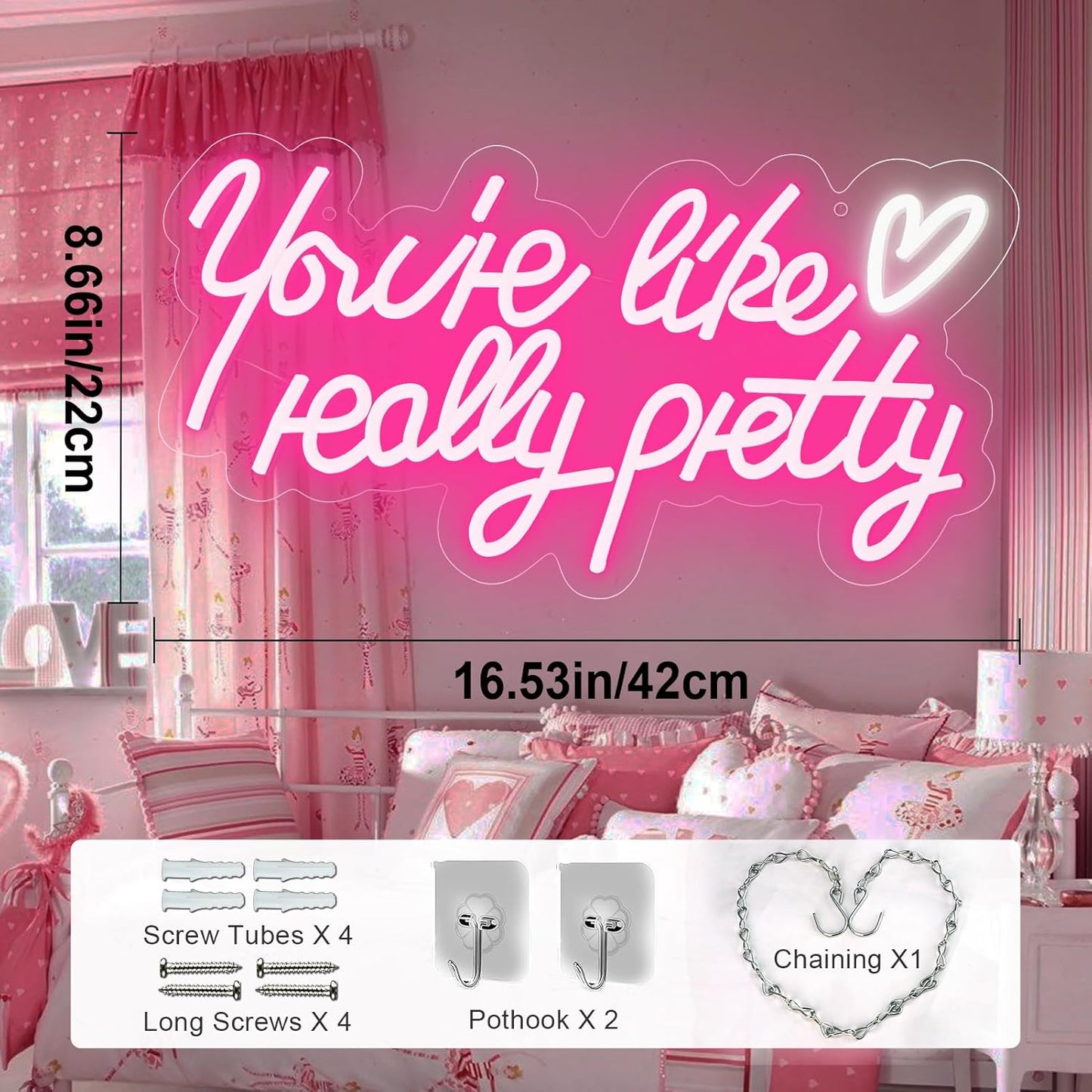 Aslanka You're Like Really Pretty Neon Sign - Pink LED Neon Wall Sign with Heart USB Powered, Dimmable Glow Light Sign for Bedroom Spa Nails Bar Lounge Room Wall Decor Girls Girlfriend Women Gifts