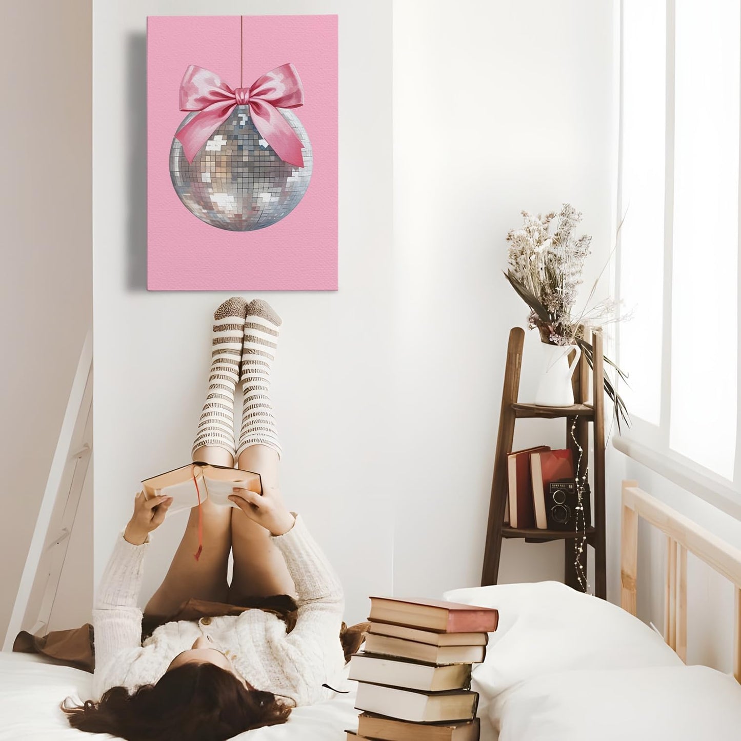 APJYM Pink Coquette Room Decor, Funky Y2K Disco Ball Preppy Wall Art, Preppy Room Decor, Trendy Retro Pink Aesthetic Posters Wall Decor for Teen Girls Bedroom Dorm Apartment Decor, 16x24 Inches Framed